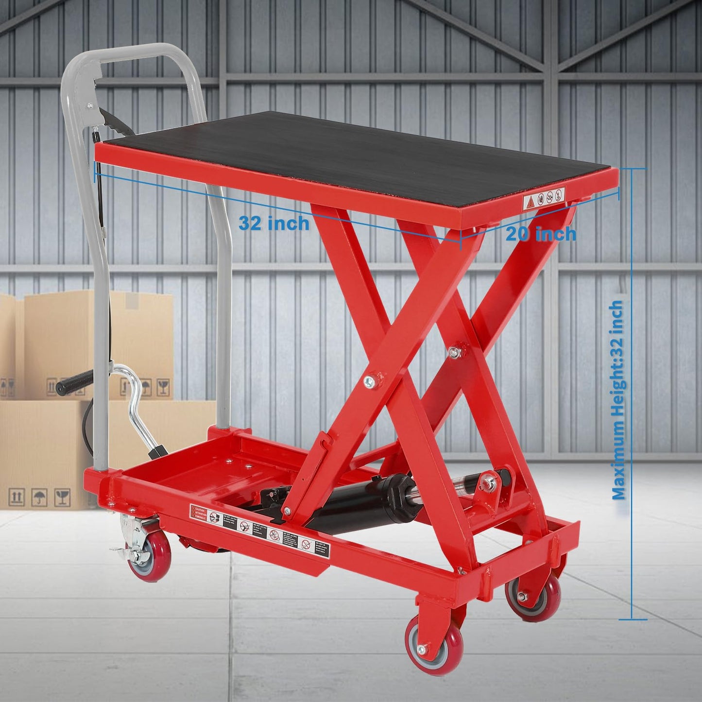 Heavy Duty Hydraulic Lift Table Cart 1100LB Capacity, Single Scissor Lift Table with 32'' Lifting Height, Non-Slip Platform & Locking Wheels for Garage, Warehouse, Workshop, Red