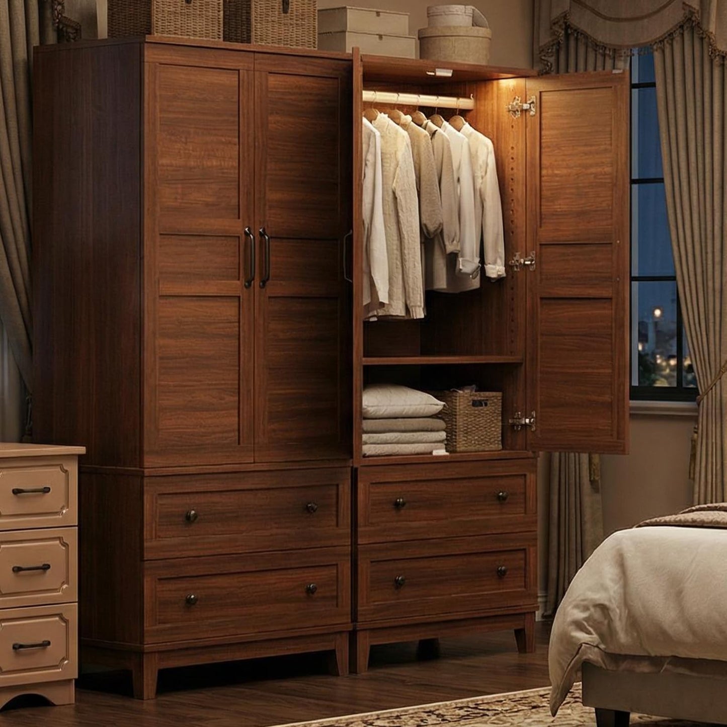 IDEALHOUSE Armoire Wardrobe Closet with 2 Drawers, 72" Tall Wooden Clothing Wardrobe with Hanging Rod & DIY Adjustable Shelf, Heavy Duty Bedroom Armoire Storage Cabinet with Doors, Walnut