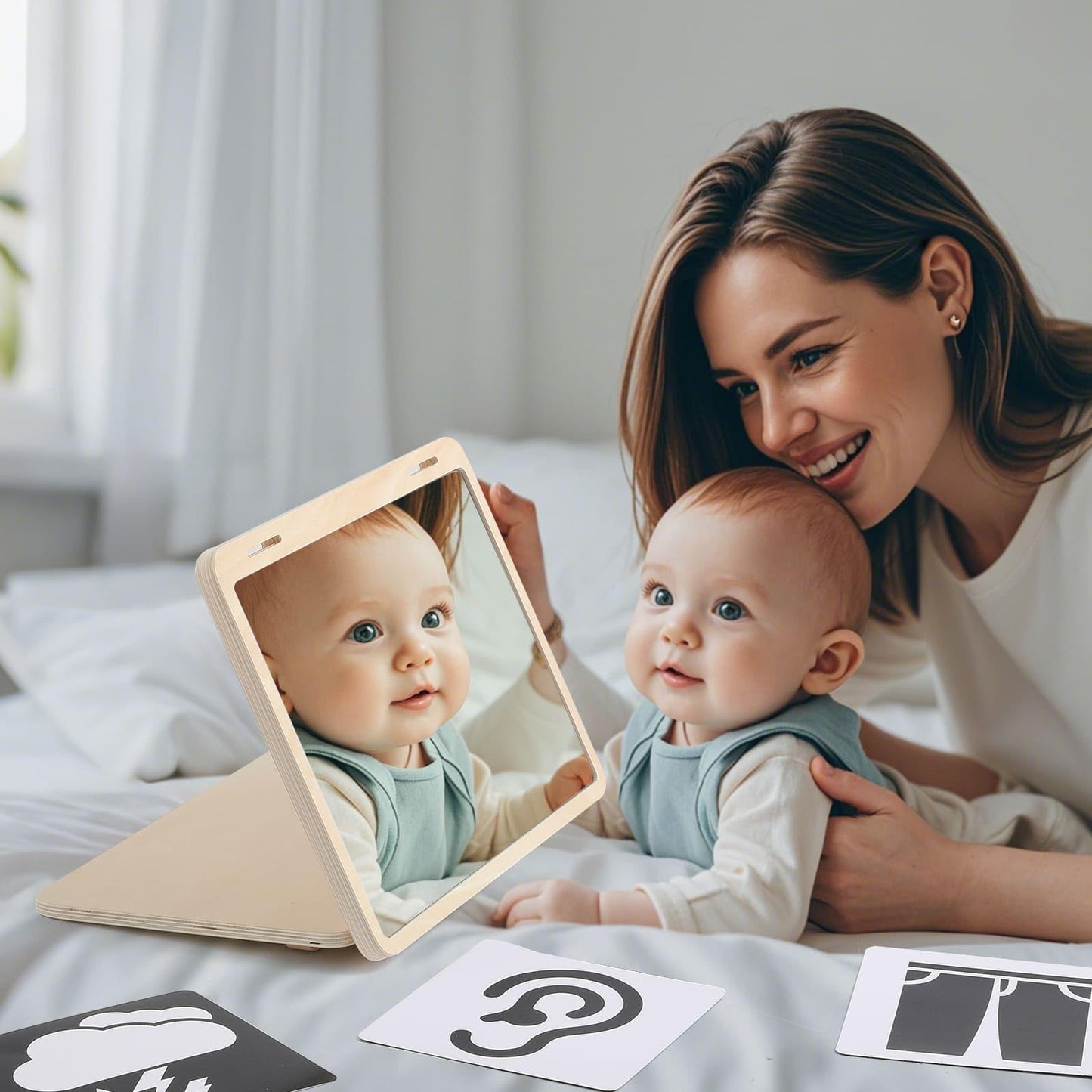 IEATFO Tummy Time Play Set Adjustable Angle, Double-Sided Design, Montessori Tummy Time Toys Large Baby Safe Mirror and Card Display Stand with Black and White High Contrast Baby Cards
