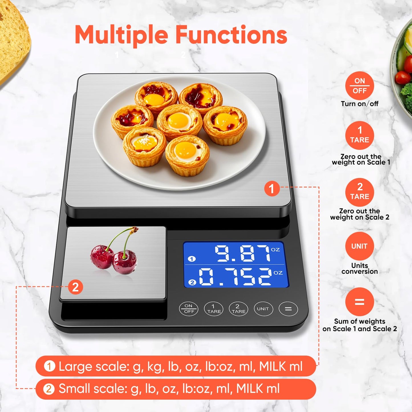 KUAIVO 0.001 oz / 33 lb Dual Platform Kitchen Scale, Digital Food Scale with Two Precision Surfaces, LCD Display, 7 Units, Tare & Accumulation Functions – Perfect for Baking, Sourdough, and Cooking