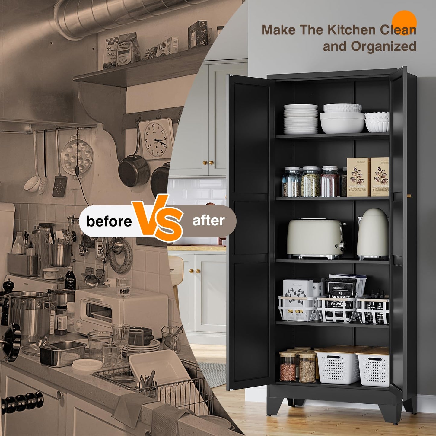 Yizosh Metal Pantry Cabinet, 75" Kitchen Pantry with 2 Door and 4 Adjustable Shelves,Black Metal Pantry Storage Cabinet,Cupboard for Kitchen,Dining Room,Living Room and Bathroom