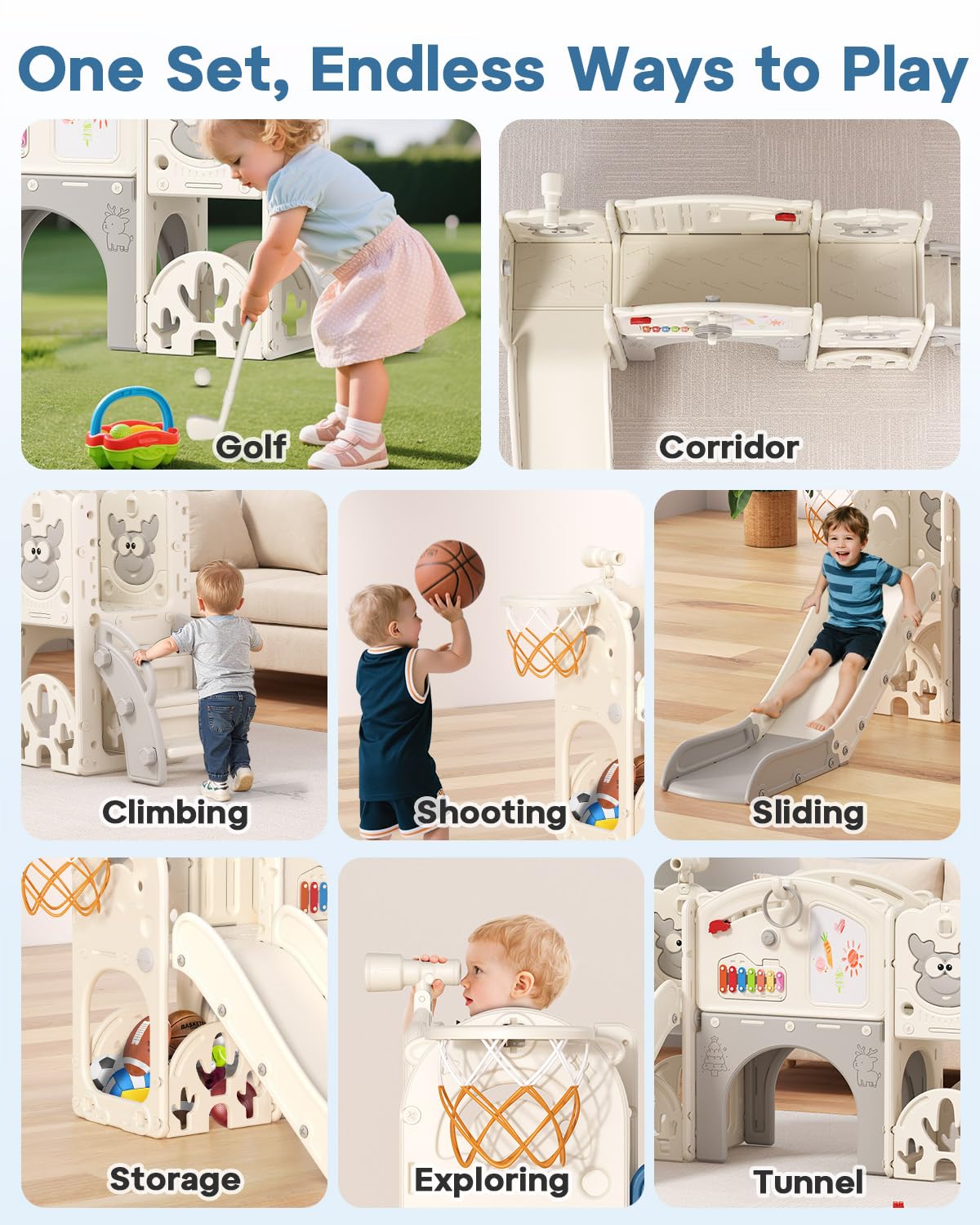 BIERUM Toddler Slide Set with Basketball Hoop, Golf Game & Drawing Board, 13-in-1 Indoor Outdoor Toddler Slides Playground for Kids Ages 1+, Kids Climber Playset for Backyard (Cream&Gray)