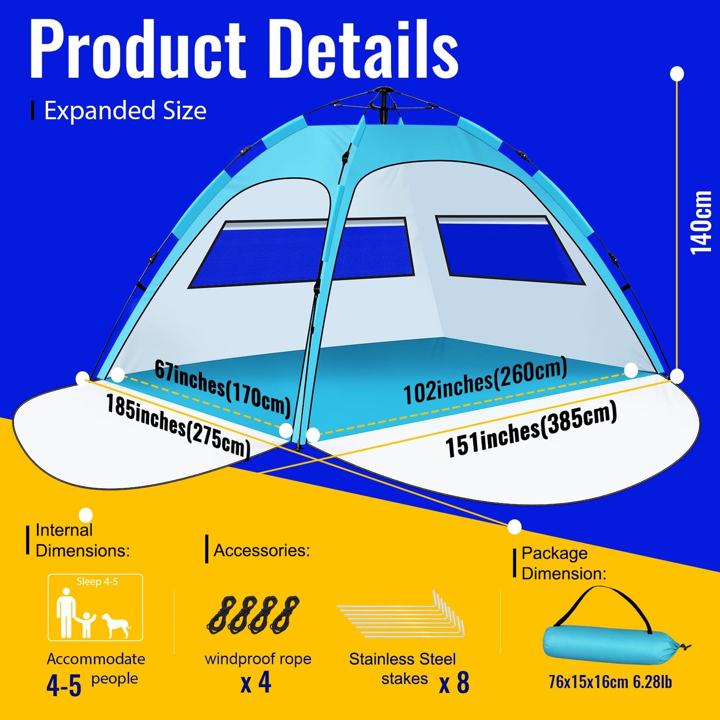 Beach Tent Sun Shelter – Pop Up Easy Setup in 3S Instant Tents for 4/5 Person Beach Umbrella Sun Shelter Shade, UV 50+ Protection, Wind Resistant, Lightweight Portable Baby Tents Shade for Family
