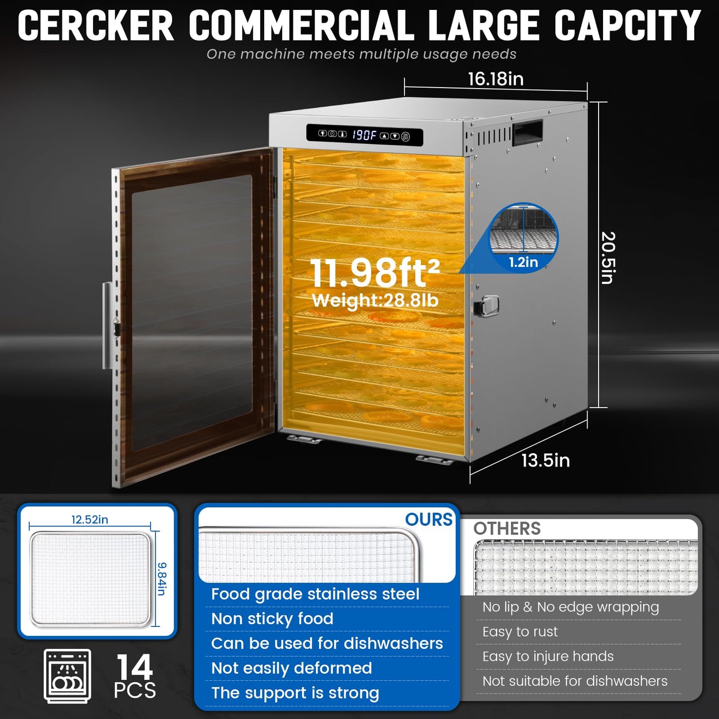 Cercker Commercial Food-Dehydrator Machine 14 Trays, 1200W Fruit Dehydrator,11.98ft² Meat Dryer for Jerky,190ºF Temperature Control,24H Large Food Dryer for Beef