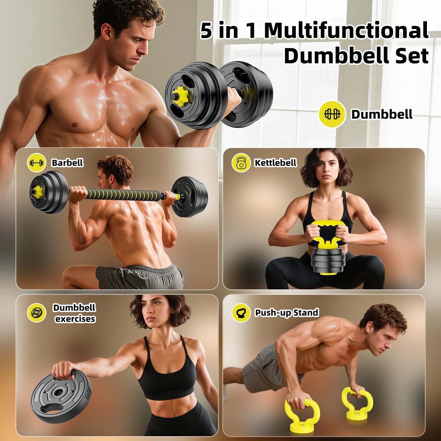 HUAYA Adjustable Dumbbell Set, 10-90lbs Free Weights with Connector – 4 in 1 Dumbbells, Barbell, Kettlebell & Push Up Stand, Adjustable Weights Set for Home Gym Fitness Equipment for Men & Women (Orange 90lbs (45lbs*2))