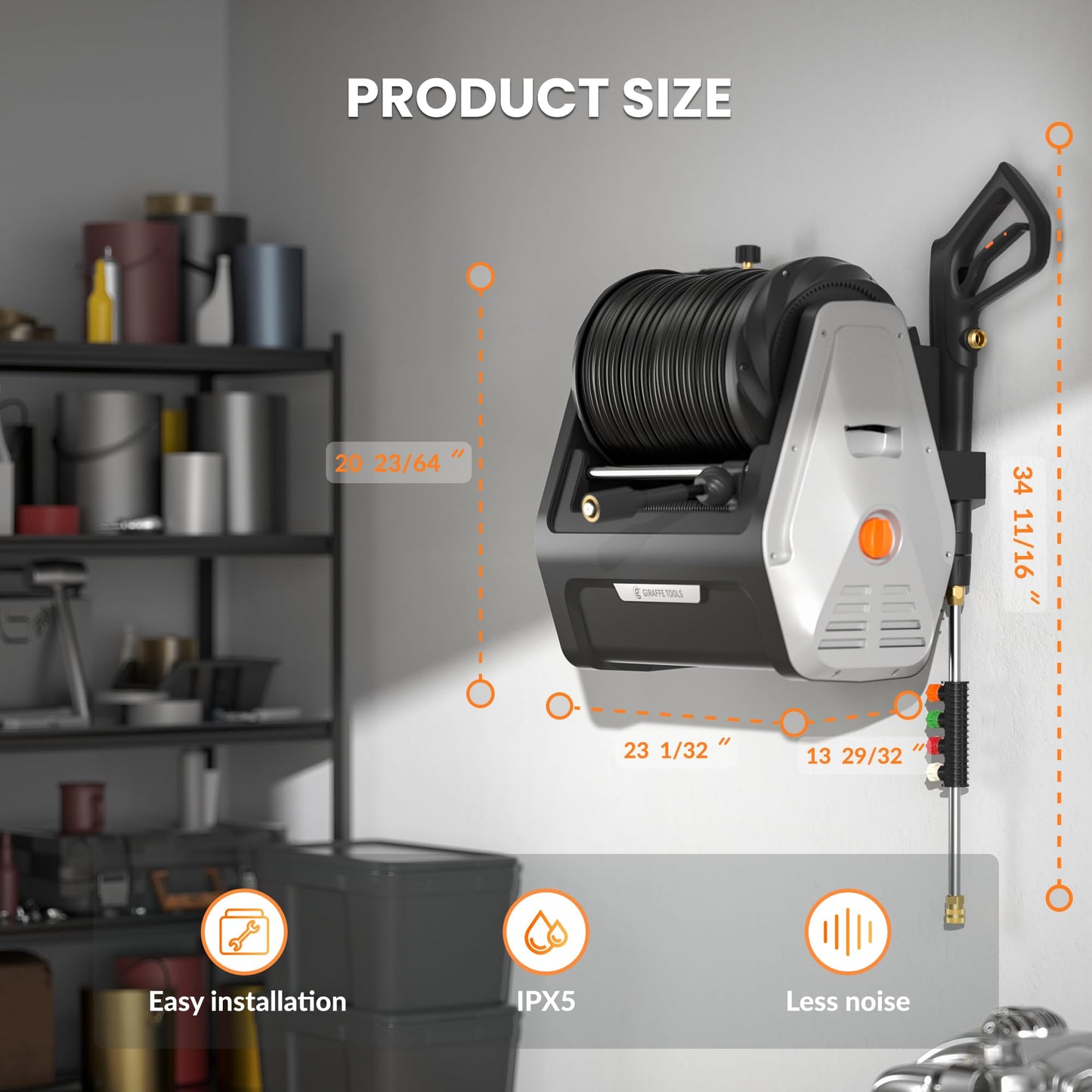 Giraffe Tools Wall Mounted Pressure Washer G30 with Upgraded 1800W Motor, Max 2900 PSI, 2.2 GPM Electric Power Washer with 100ft Retractable Black Pressure Hose, Automatic Rewind, Light Silver
