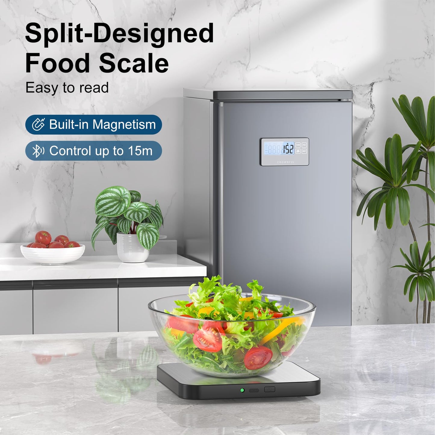 CROWNFUL Split Food Scale, 33lb Wireless Kitchen Scale with Remote LCD Display, 7 Units & Tare Function, 1g/0.1oz, Digital Food Scales for Kitchen, Stainless Steel Food Weight Pan for Cooking/Dieting