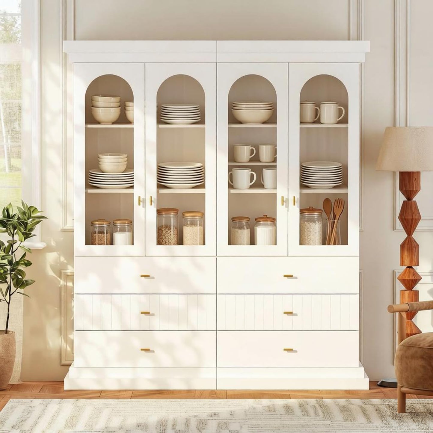 Vyre 71" Arched Kitchen Cabinet, Double Glass Door Display and Storage Cabinets with Drawers, Modern Pantry for Dining Room or Living Room, White with Gold Handles, 2 of Set