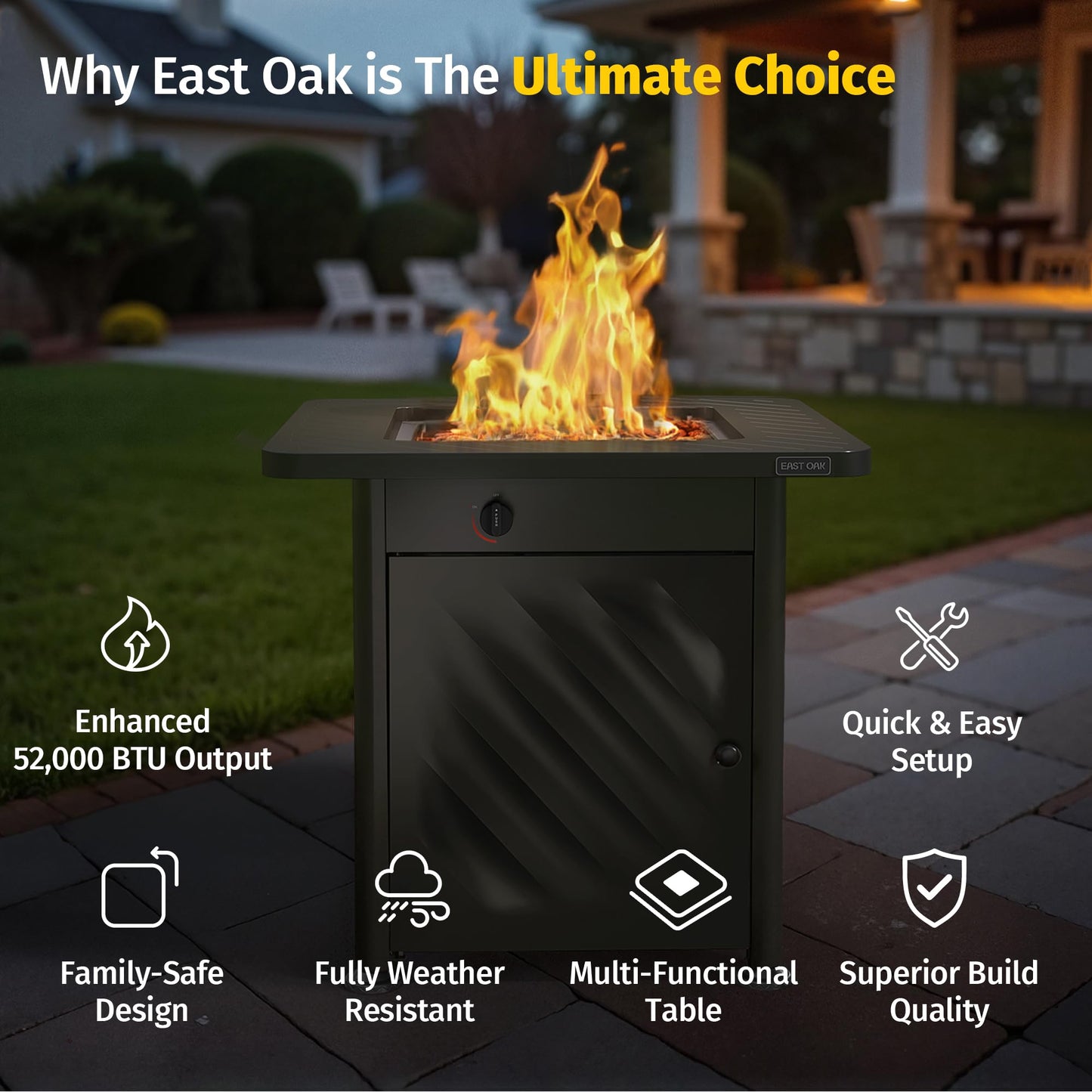 East Oak 28” Outdoor Propane Fire Pit Table | 52,000 BTU Gas Fire Pit for Outside with Easy-Hook Lid, Mesh Pocket & Lava Rocks | CSA Certified | Ideal for Patio, Garden & Backyard | Black