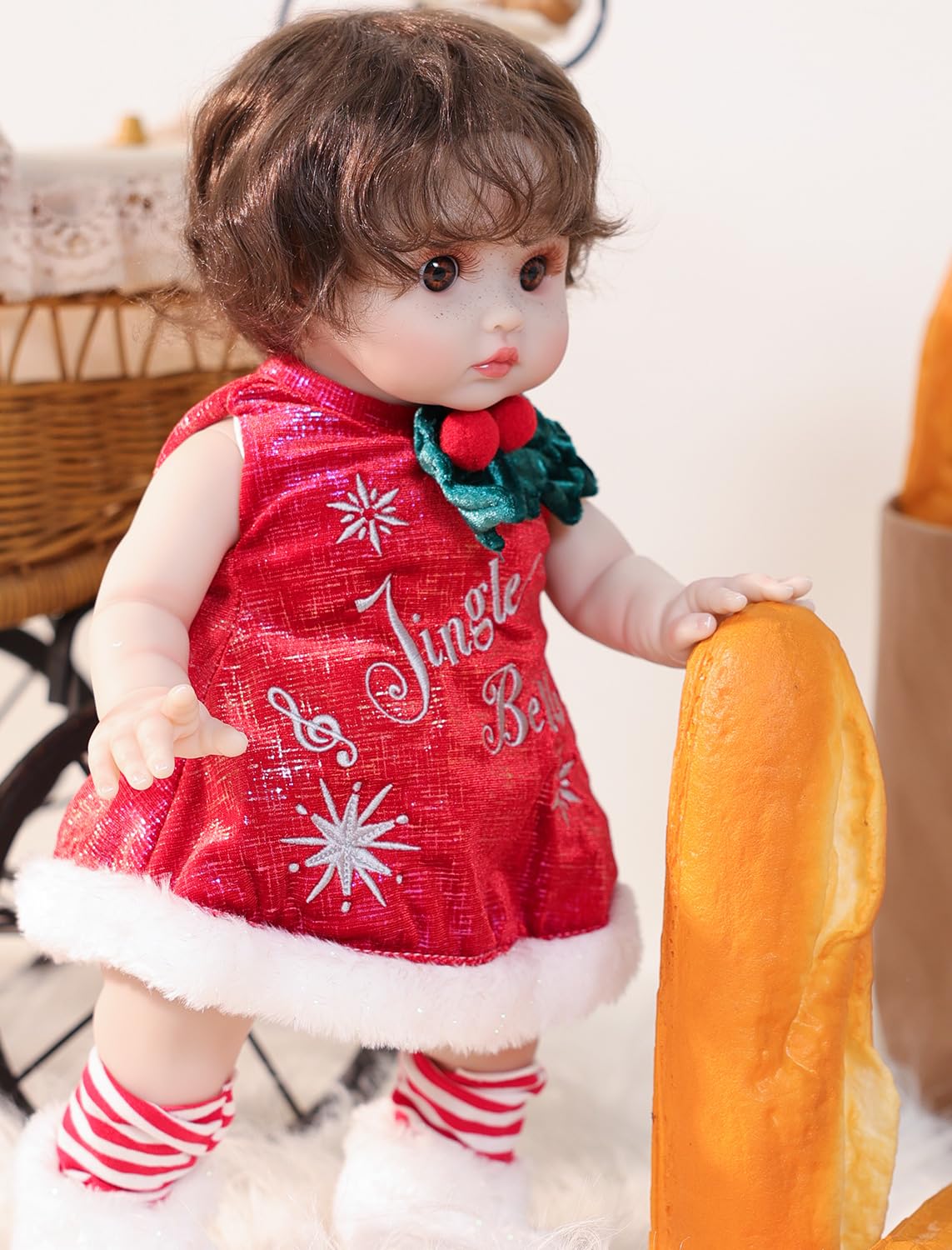 Cloveray Baby Dolls, 18 Inch Realistic Reborn Full Vinyl Baby Doll with Brown Curly Hair, Hand-Painted Freckles & Cozy Red Outfit for Girls Ages 3+, Pretend Play, Display & Collection