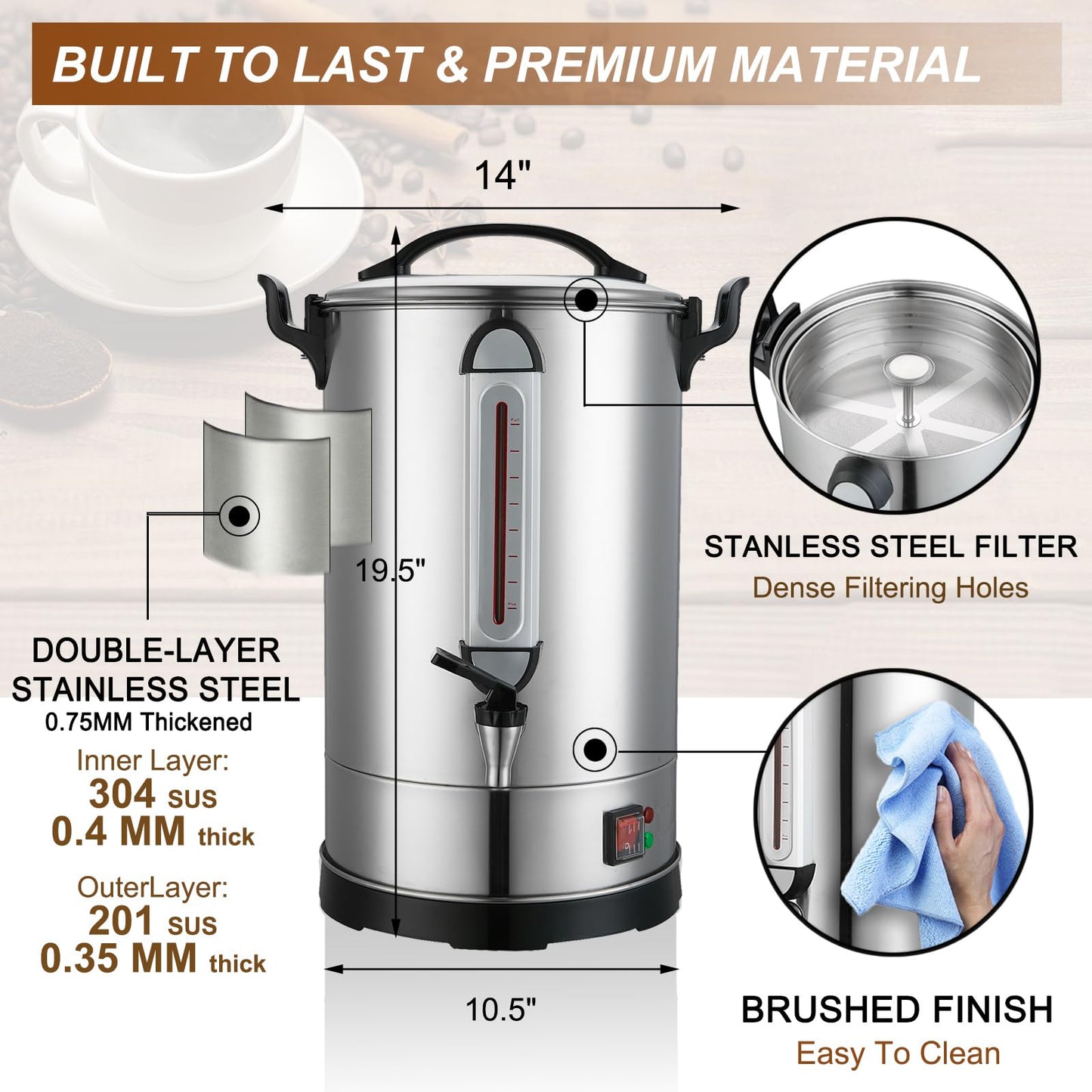 GOLREAN Commercial Coffee Maker 100 Cup Coffee Urn Hot Beverage Dispenser 4 Gallon 16L Large Coffee Urn Dual Layers 304 Stainless Steel 1300W Fast Brew Percolator For Business, Catering, Church