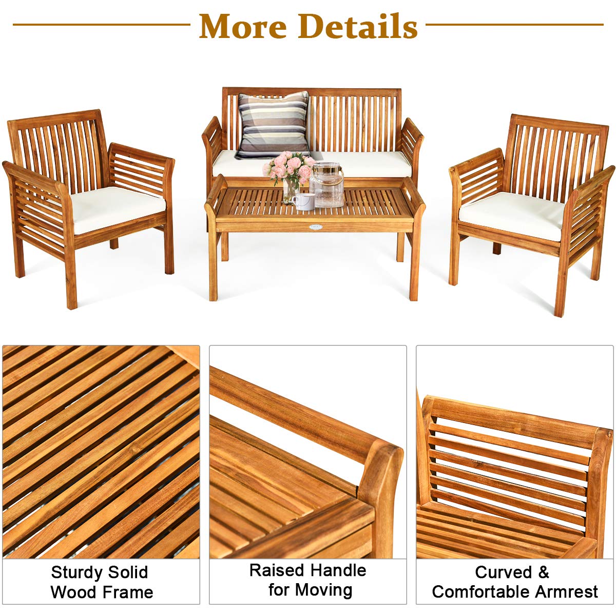 Tangkula 4 Piece Outdoor Acacia Wood Sofa Set with Water Resistant Cushions, Padded Patio Conversation Table Chair Set w/Coffee Table for Garden, Backyard, Poolside (1)