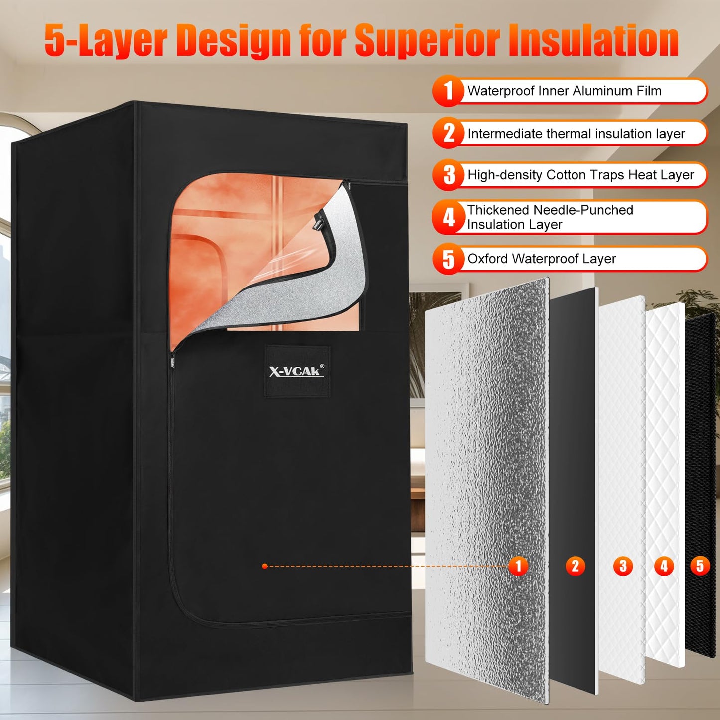 X-Vcak Upgraded Portable Sauna, Steam Sauna for Home with Steamer, Remote Control, Folding Chair, 9 Levels, 2.6’ x 2.6’ x 5.9’