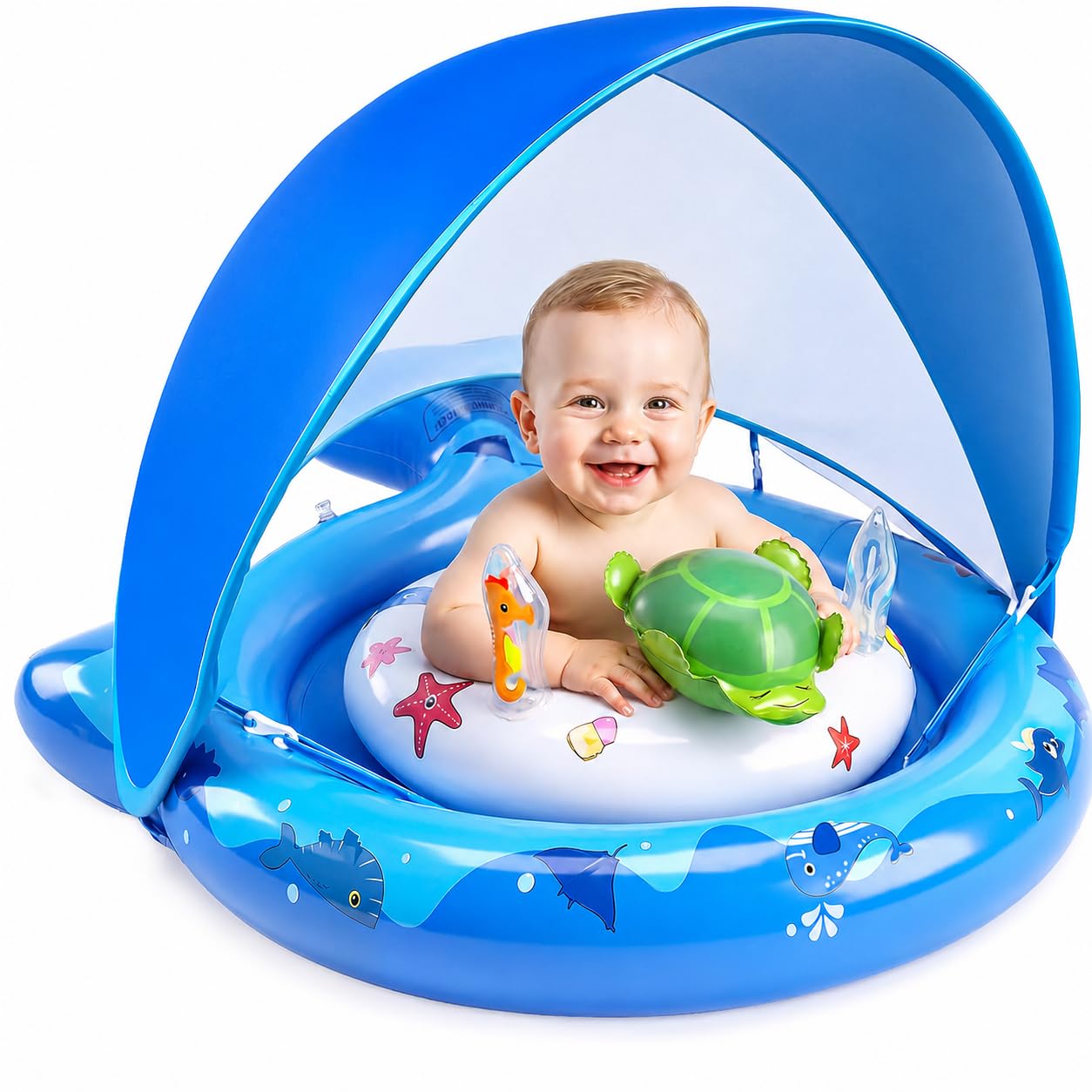 Inflatable Baby Pool Float with Sun Canopy, UPF50+Sun Protection, Portable & Easy to Store, Padded Safety Seat with, Includes Air Pump, with Toys Baby Swim Float for 6-36 Months Boys & Girls(Blue)