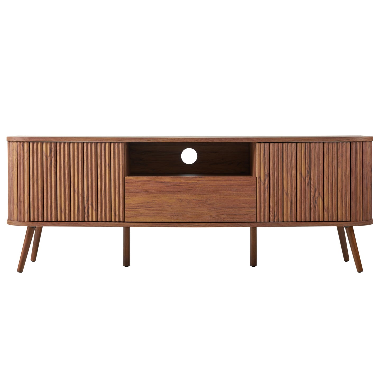 JONATHAN Y TVS1001B Damien 70 in. Farmhouse Curved TV Stand with Drawer and Storage Doors Fits TVs up to 75 in. with Cable Management, Walnut for Living Room, Bedroom, Dining Room