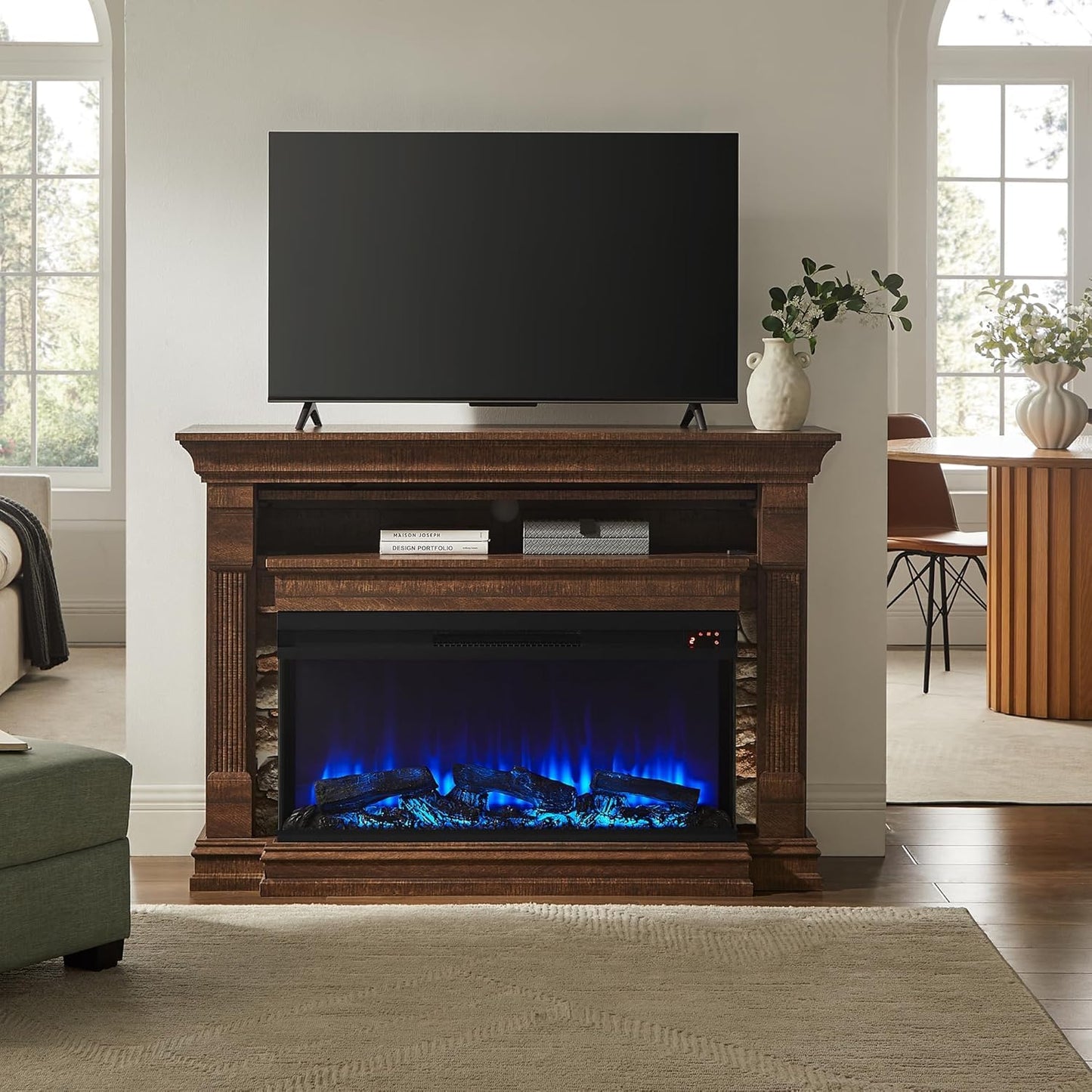 OKD 52 Inch Electric Fireplace with Mantel, Fireplace TV Stand with 36" 3-Sided Glass Electric Fireplace Heater for Living Room (Brown)