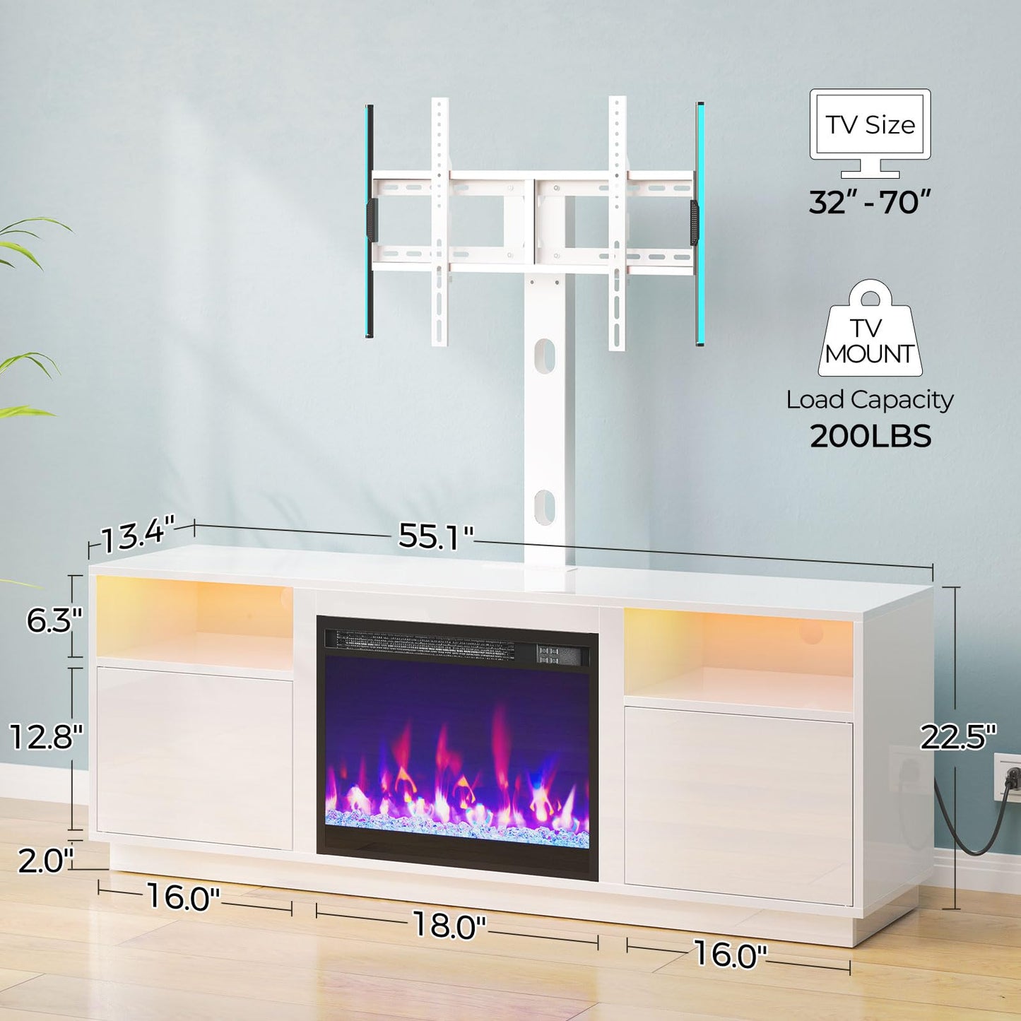 Rolanstar Fireplace TV Stand with Led Lights and Power Outlets, Entertainment Center with Electric Fireplace, Swivel TV Stand Mount for 45/55/60/65 inch TVs, Height Adjustable TV Console, White