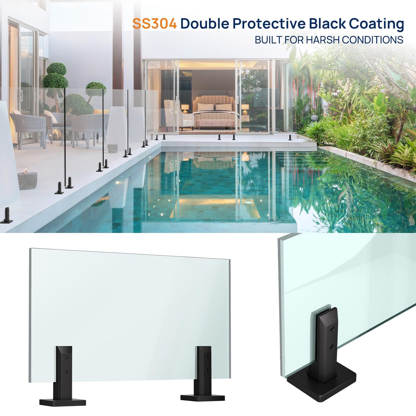 LukLoy 12 Pack NW. 2.1lb T304 Stainless Steel Glass Railing Spigot Heavy-Duty Matte Black Clamp Post Glass Railing System, No-Drill Design for Pool, Deck, Stair, Balustrade, Balcony - Level 2