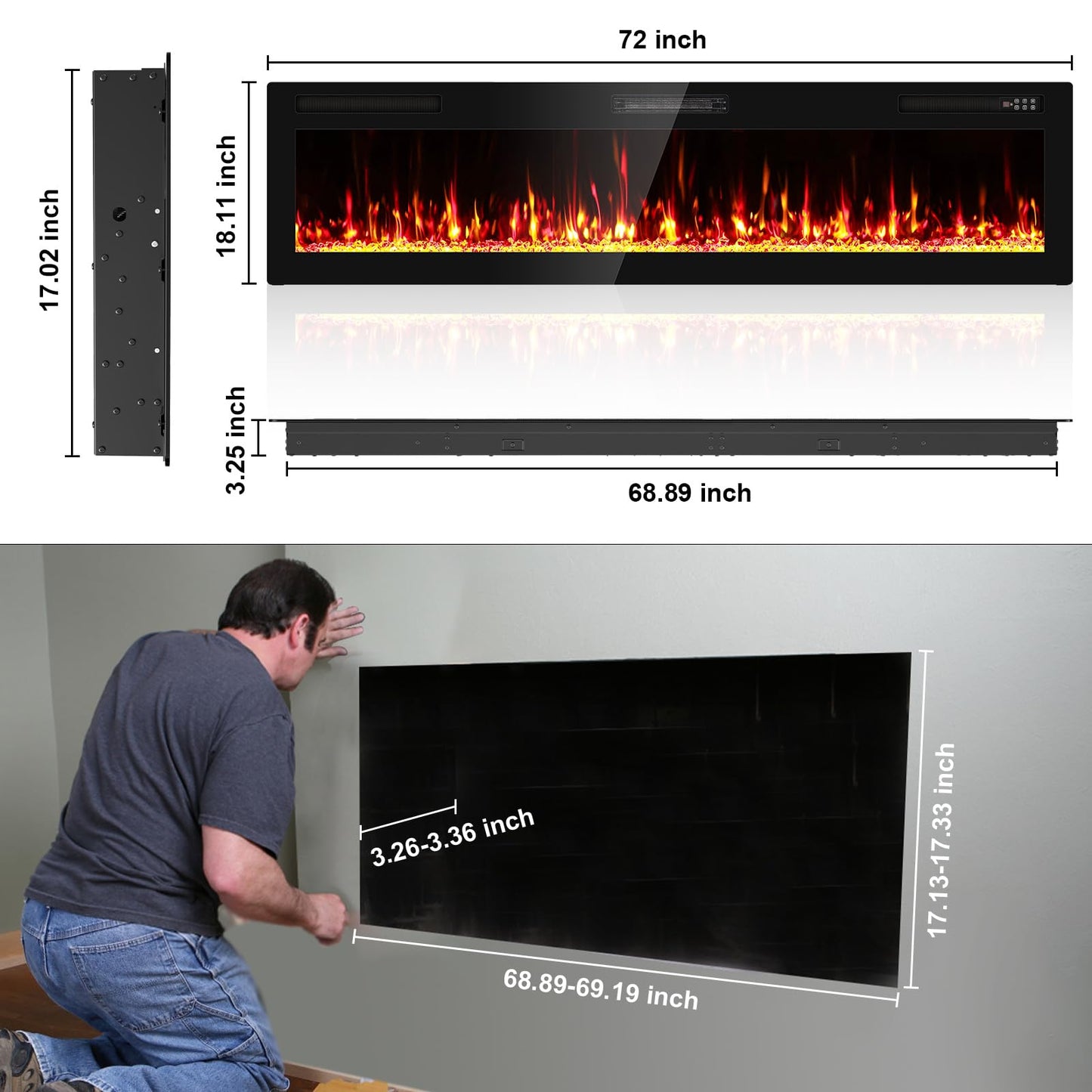 BREEZEHEAT 72" Slim Electric Fireplace Insert-ETL Certified Fireplace Ultra Thin, Recessed/Wall Mount, 3D Flame with Crystal, Remote & Touch, 750W/1500W (900 Sq.Ft), 8H Timer
