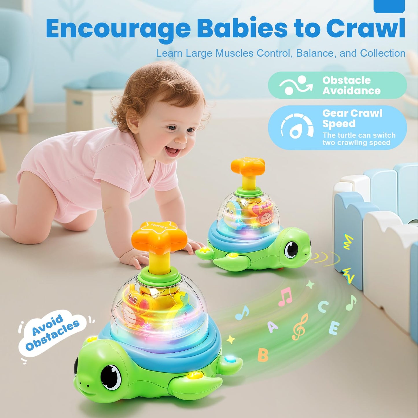 Baby Crawling Toys 6-12 Months, Musical Light-up Toys for 1 Year Old, Press to Spin Turtle for Cause and Effect, Infant Tummy Time Early Learning, Christmas Birthday Gifts Boy Girl 7 8 9 10 11 Month
