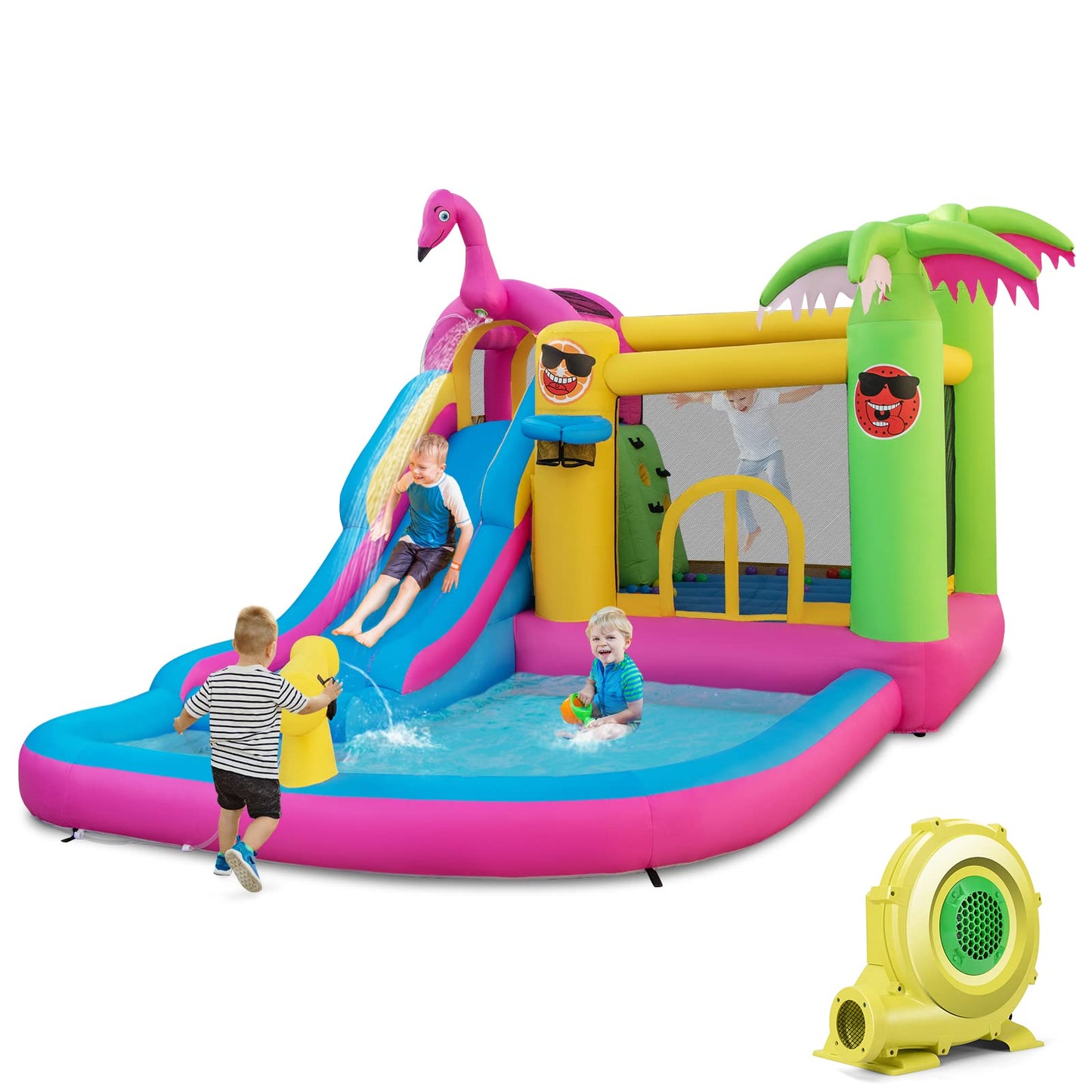 HONEY JOY Inflatable Water Slide, Giant Water Bounce House Park w/Climbing Wall & Splash Pool, Outdoor Blow up Water Slides Inflatables for Kids and Adults Backyard(with 735w Blower)