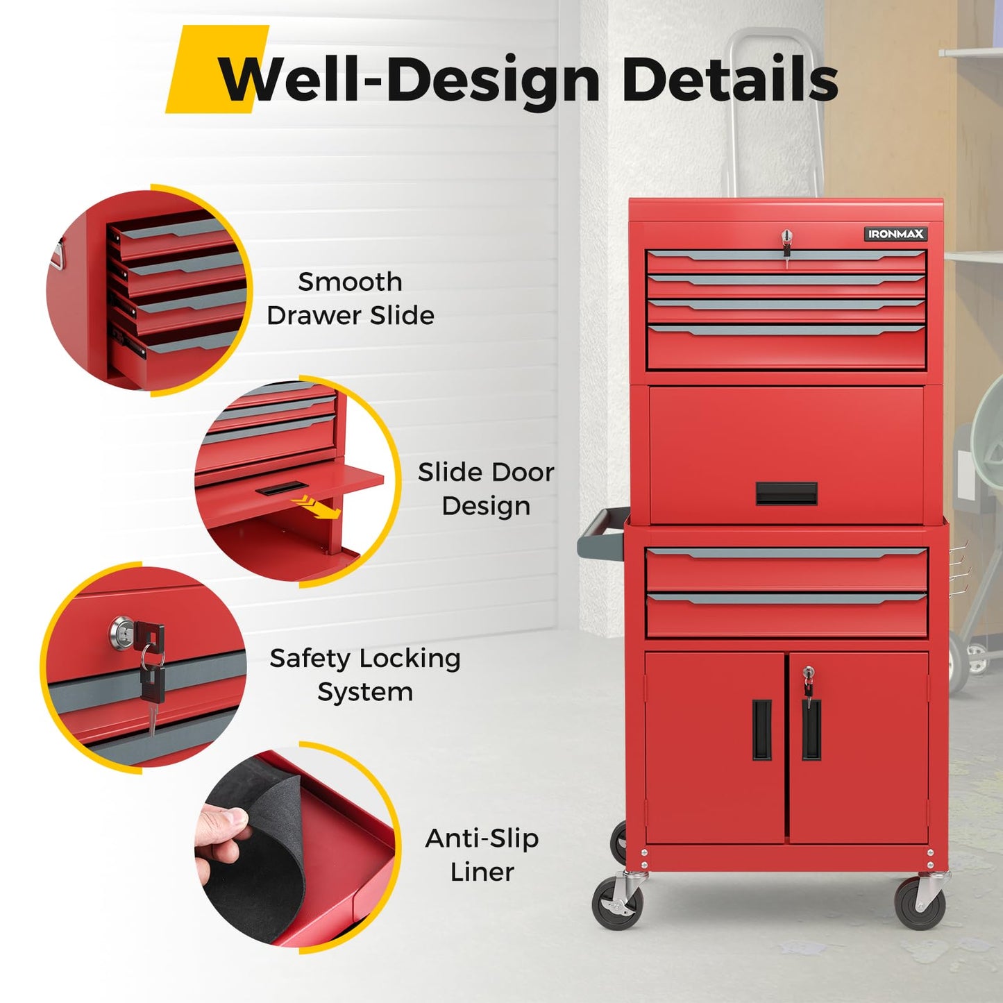 Goplus Tool Chest, 6 Drawers 3-in-1 Extra Large Tool Storage Cabinet with 4” Universal Lockable Wheels, Auto Lock, Protective Liner, Heavy Duty Rolling Tool Box for Garage, Workshop
