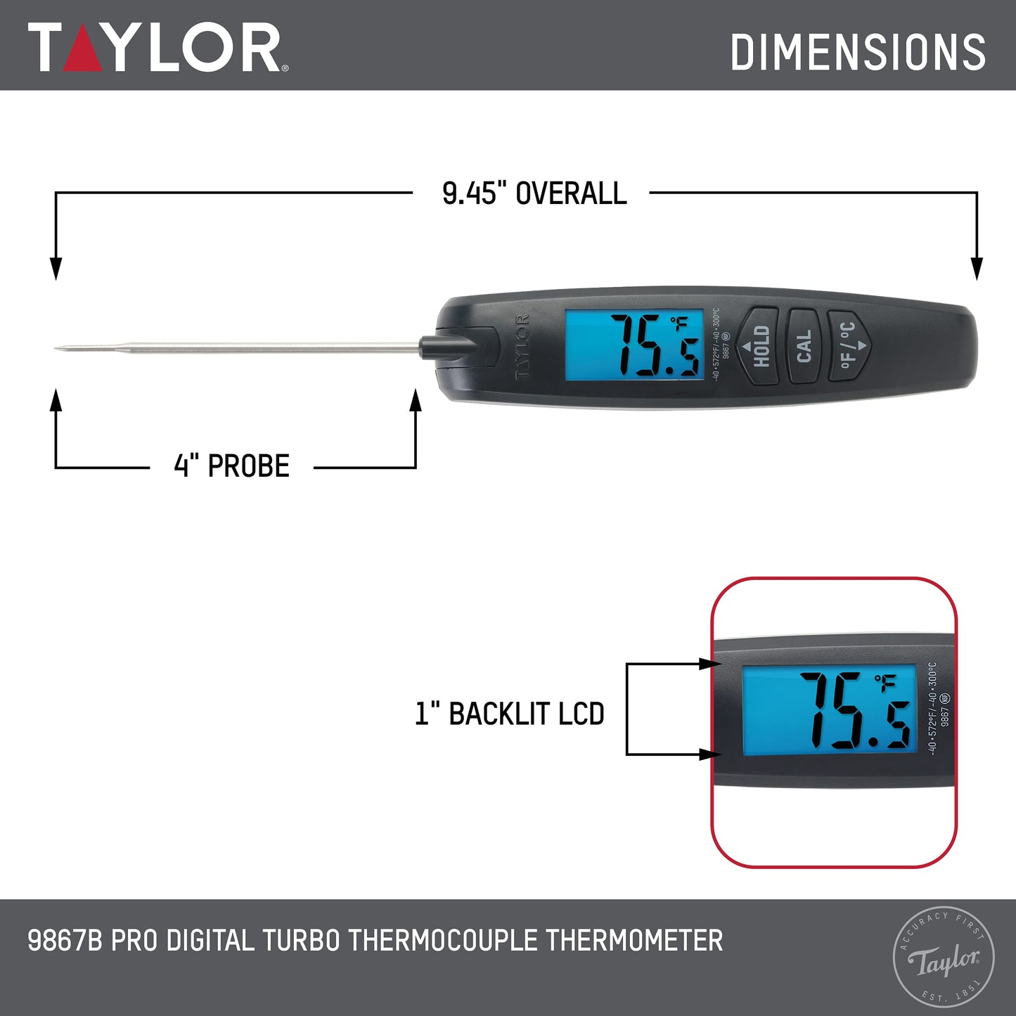 Taylor Digital Turbo Instant Read Thermocouple Meat Food Grill BBQ Cooking Kitchen Thermometer, Folding Probe, Black (Pack of 12)