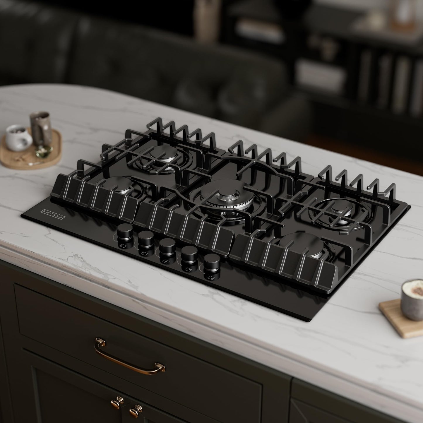 Empava 30 Inch Built-in Gas Cooktop with 5 Sealed SABAF Burners, Black Tempered Glass Surface, LPG/NG Convertible, Flame Failure Protection, Dishwasher Safe Grates