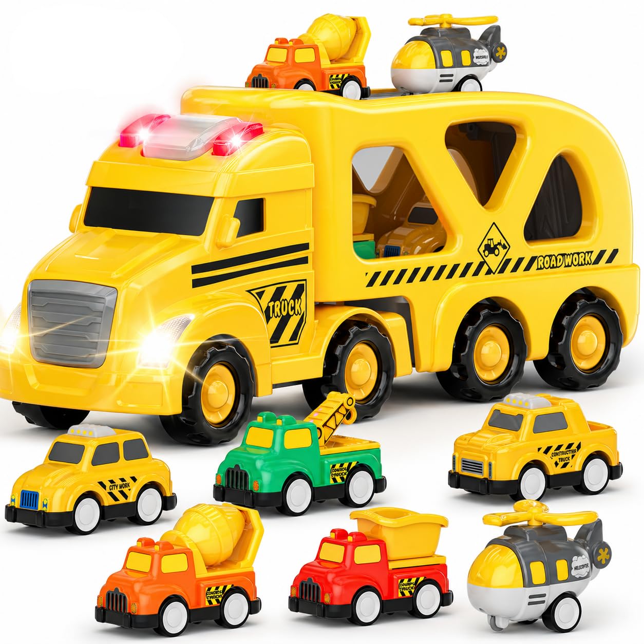LADFAR Construction Truck Toys for Boys & Girls Ages 3+, 7-in-1 Toy Carrier Truck with 6 Mini Pull Back Vehicles, Lights & Sounds Transportation Playset, Early Learning Birthday Gift for Toddlers Kids