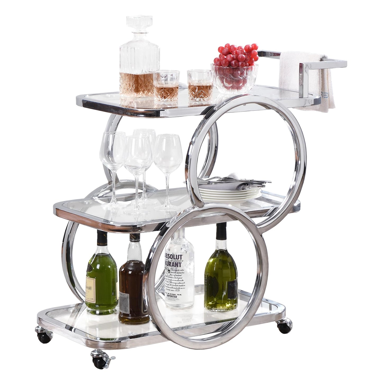 FERFALDER Home Bar Serving Carts 3 Tier Kitchen Carts on Wheels Mobile Bar Carts for Home Kitchen Dining Room Living Room Party, Chrome