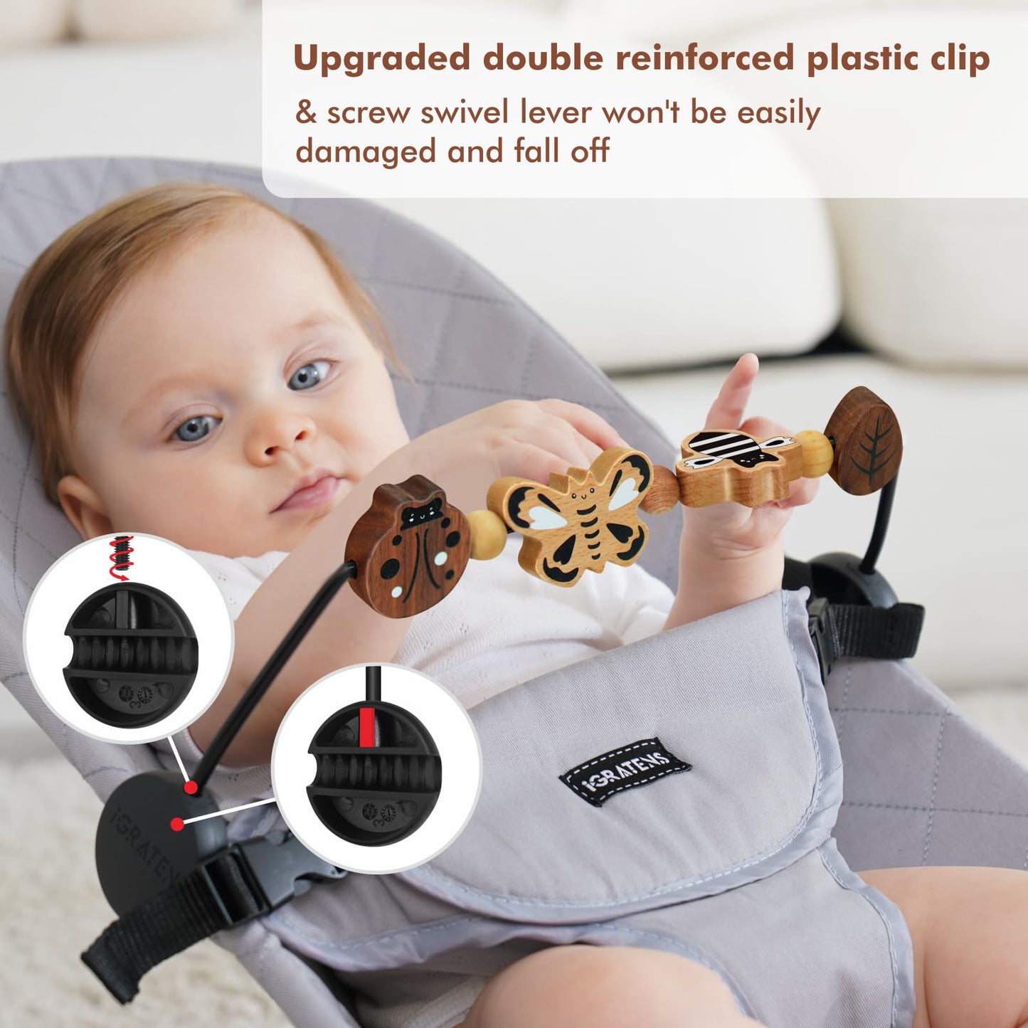 iGRATENS Baby Bjorn Bouncer Toy Bar - Toy Bar for Baby Bouncer Soft & Bliss, Easy to Attach and Remove, 360°Rotating Natural Wooden Toys, Exciting Design for Curious Babies, Insects Paradise