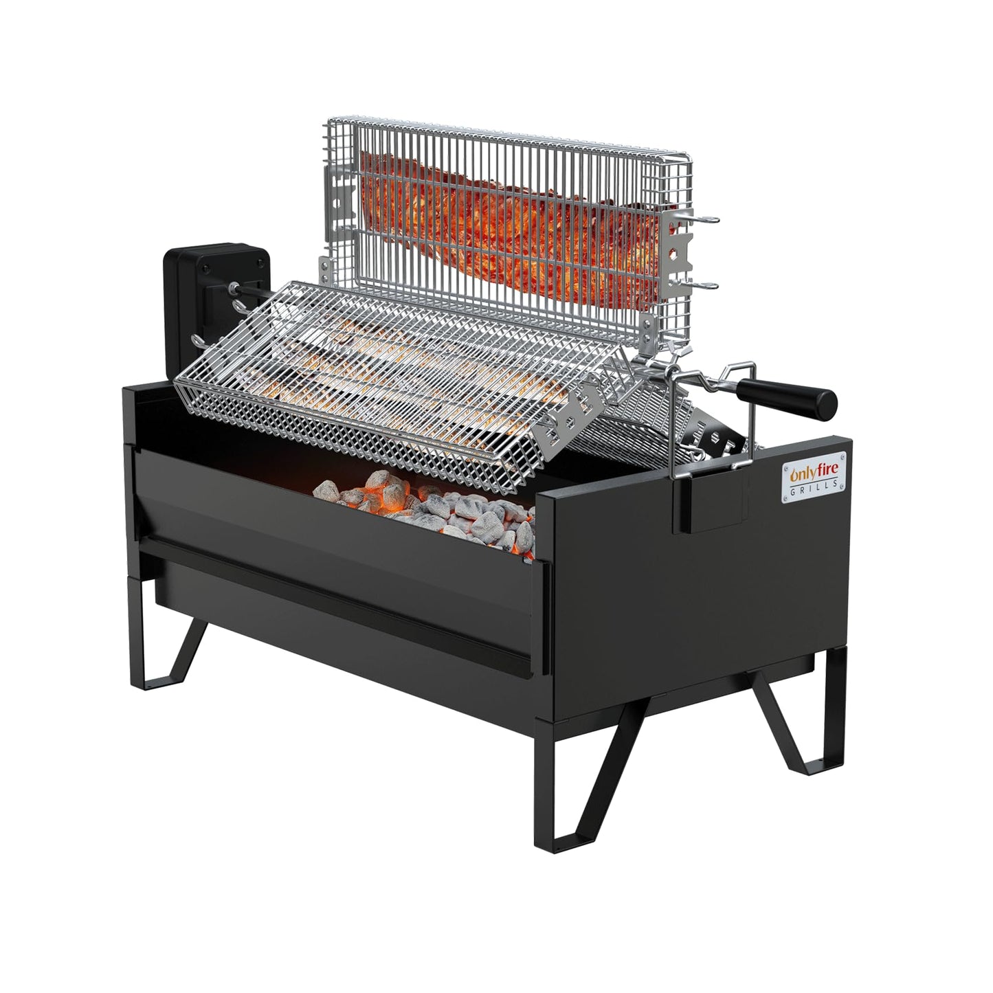 ONLYFIRE GRILLS 2 IN 1 Charcoal Grill Rotisserie Kit with 3 Stainless Steel Rotating Baskets and 24 In Grill Grate, Auto Swivel BBQ Roasting Machine for Outdoor Patio Backyard Barbecue, GS304
