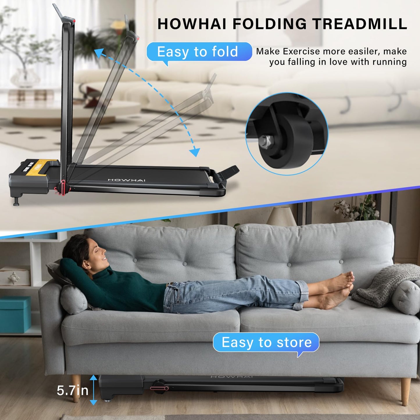 HOWHAI Treadmill with Auto Incline 9%, Walking Pad Treadmills for Home with 2.5HP, Speed 7.6MPH Walking Pad with Handle Bar, Foldable Treadmill, Remote Control and LED Display, Compact for Home Office