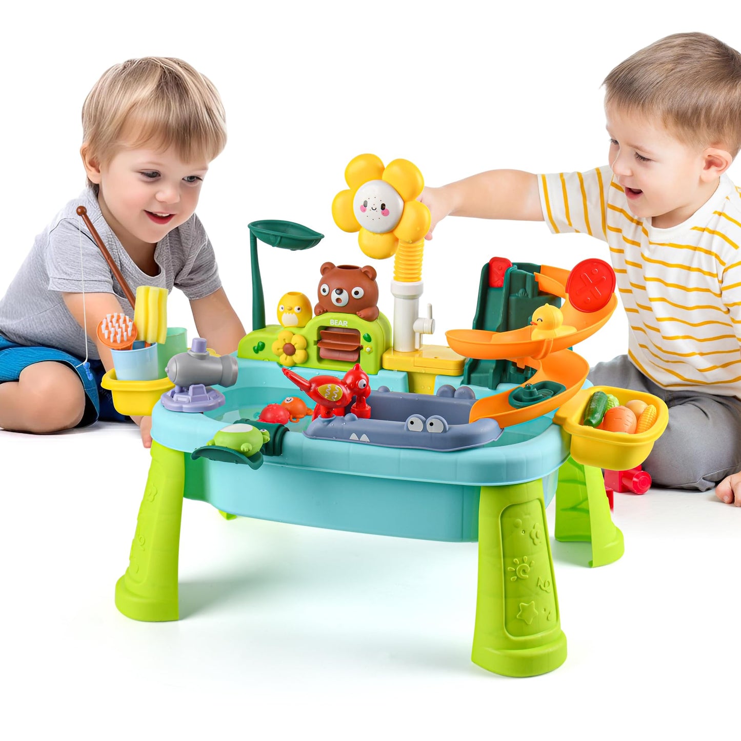 Upgraded Toddler Sand Water Table Toy with Electric Water Pump, Kids Sand Water with Faucet/Play Food Accessories/Fishing Toy, Kitchen Play Sink Toys for Girl Boy Age 3+ (Blue-Sunflower)