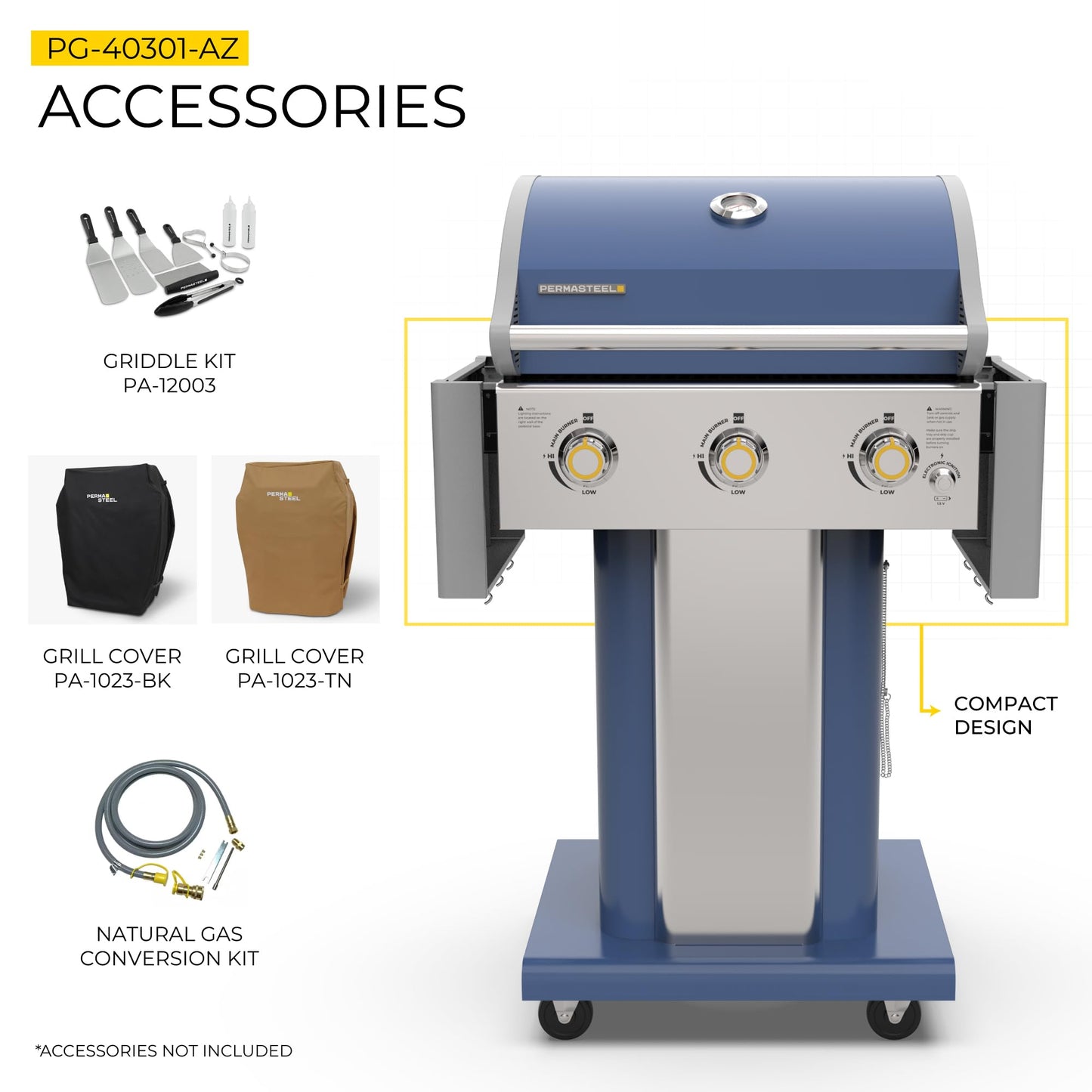 Permasteel 3-Burner Propane Gas Grill, 30,000 BTUs BBQ Grill with Cast Iron Grates, Foldable Side Tables & Tool Hooks, Outdoor Grill, Azure