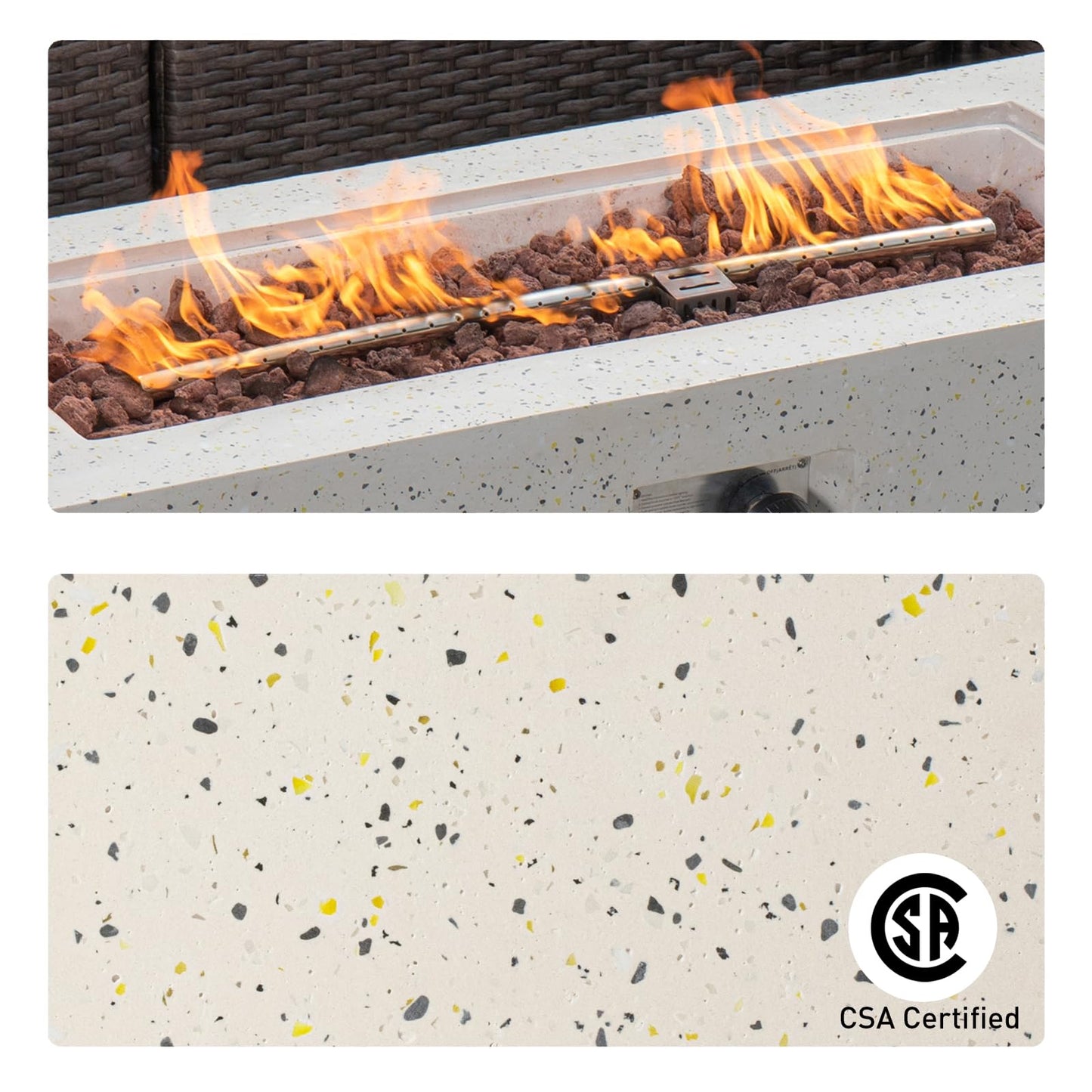 COSIEST 2-Piece Outdoor Propane Fire Pit Table Set w Tank Table, 42" Terrazzo Rectangle Fire Table (Certified, 50,000 BTU) w 16" Tank Cover Side Table, Wind Guard, Rain Cover for Garden, Pool