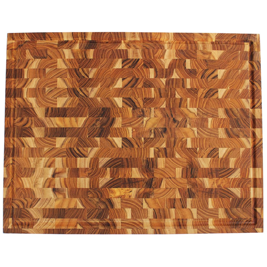 EcoDecors FSC Certified Solid Teak Wood Cutting Board 24x18, Large End Grain Butcher Block with Juice Groove, Side Handles, Charcuterie Slots, Reversible