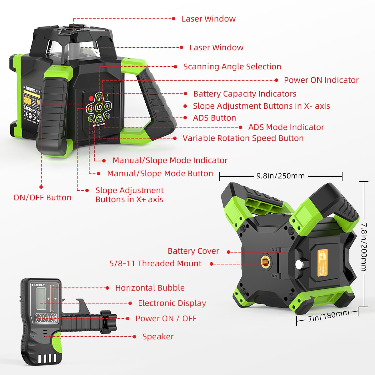 Huepar Electronic Self-Leveling Rotary Red Laser Level Kit - 360 Horizontal Laser Beam Interior/Exterior Rotating Laser Level Tool with Receiver, Protective Glasses, Li-ion Battery, Hard Case RL300HR