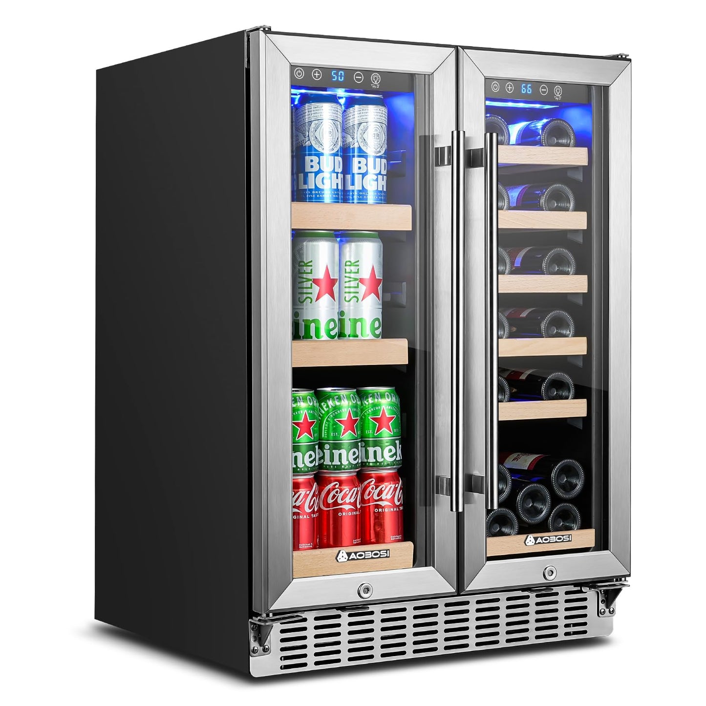 AAOBOSI Upgraded 88 Cans Dual Zone Wine and Beverage Cooler,Built-in and Freestanding,Removable Fashion Wooden Frame,Intelligent Digital Temperatrue Control,Low Noise,Dual Zone 24 Inch 19 Bottles
