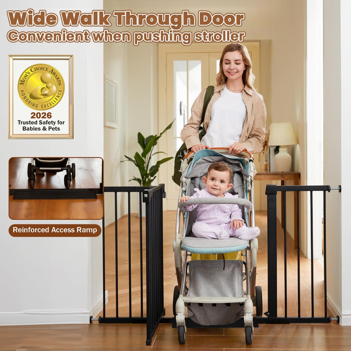 Mumeasy Baby Gate Extra Wide, 29.5-51'' Pressure Mounted Dog Gate with Walk Thru Door, Auto Close Pet Gate for House, Stairs, Doorways,Black
