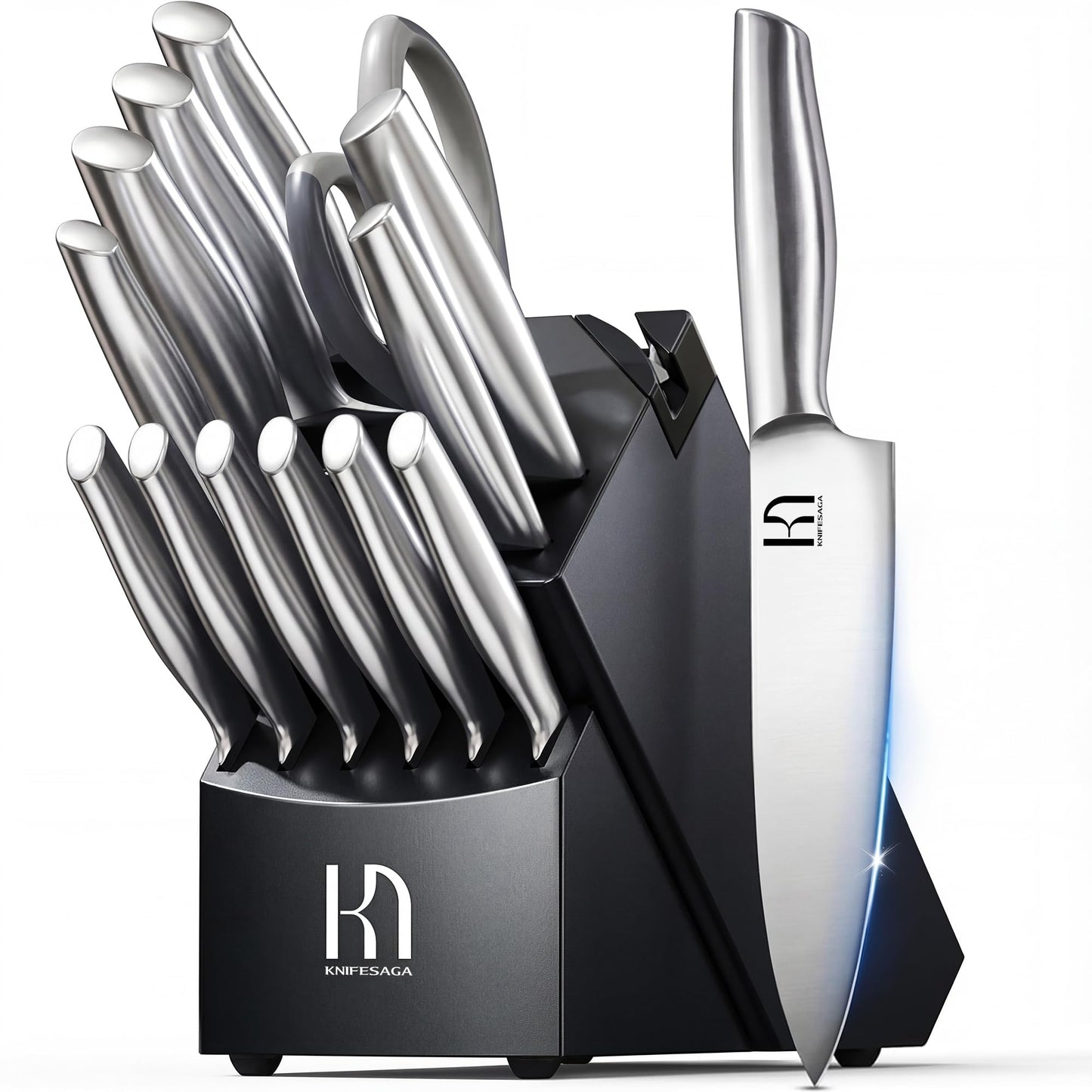 KnifeSaga Knife Set Premium, Kitchen Knife Block Set 14 Pcs Japanese High Carbon Stainless Steel Enduring Razor Sharp, Black Chef Knives Set for Kitchen with Built-in Sharpener and Acacia Wood Block