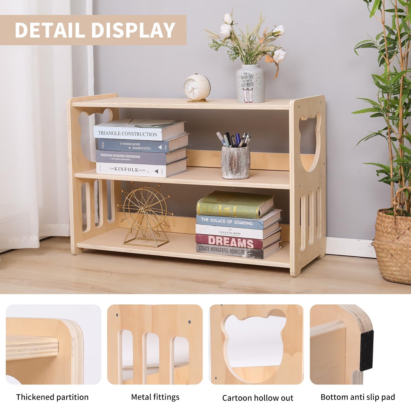 Montessori children's bookshelves, toy shelves, wooden storage and organization shelves, sturdy and safe kindergarten classroom furniture bookcases （3Tier）