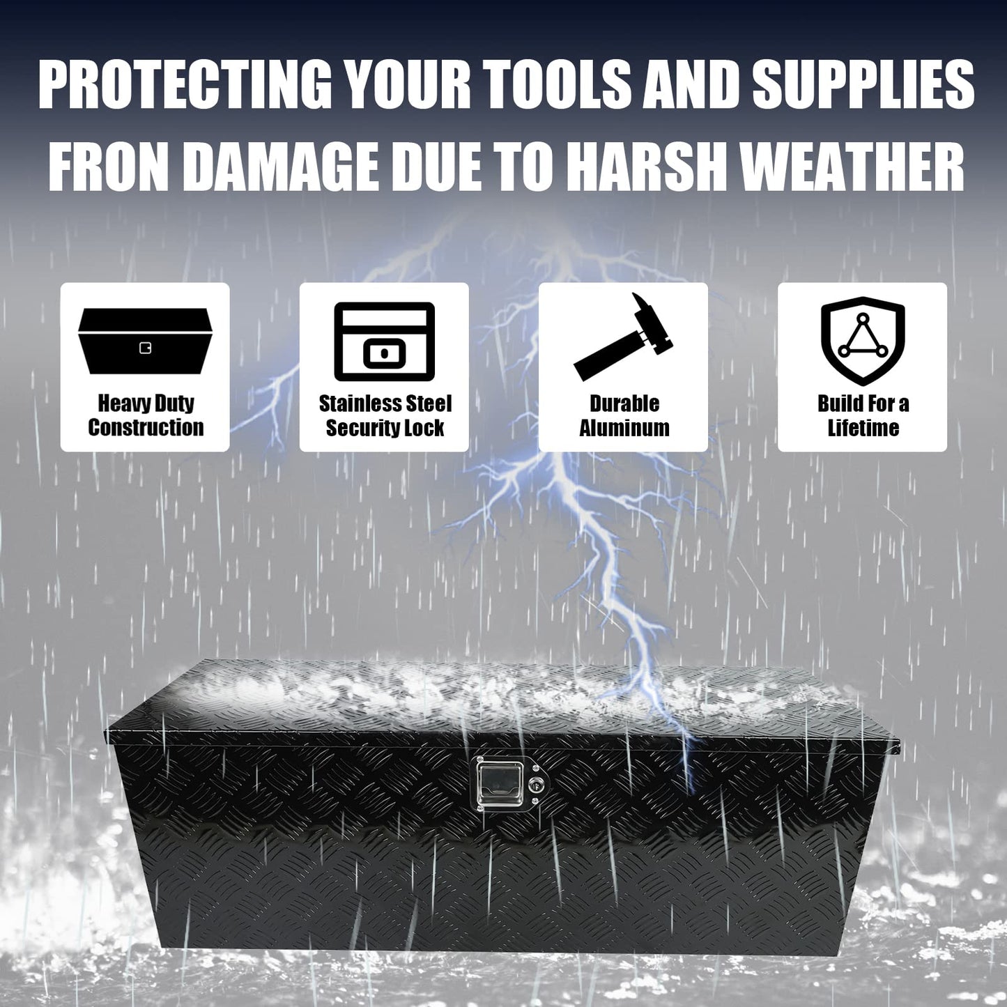 confote 44" Heavy Duty Aluminum Stripes Plated Tool Box Pick Up Truck Bed RV Trailer Toolbox Waterproof Square Storage Organizer with Side Handle, Lock with Keys -44"x 15"x 15"，Black