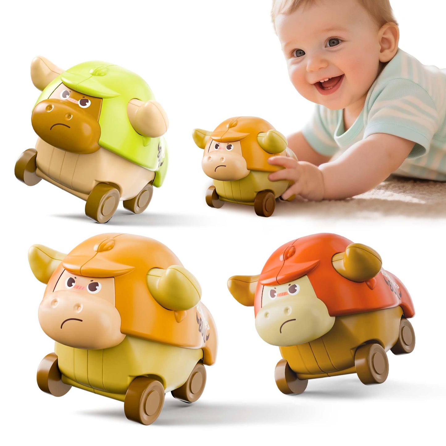 iPlay, iLearn Press to Go Car Toys for Toddlers, Baby Mini Animal Race Cars, 3pcs Infant Play Vehicle Set, Push Go Friction Bull Toys for 18 24 Month, Frist Birthday Gift for 2 3 Year Old Boys Girls