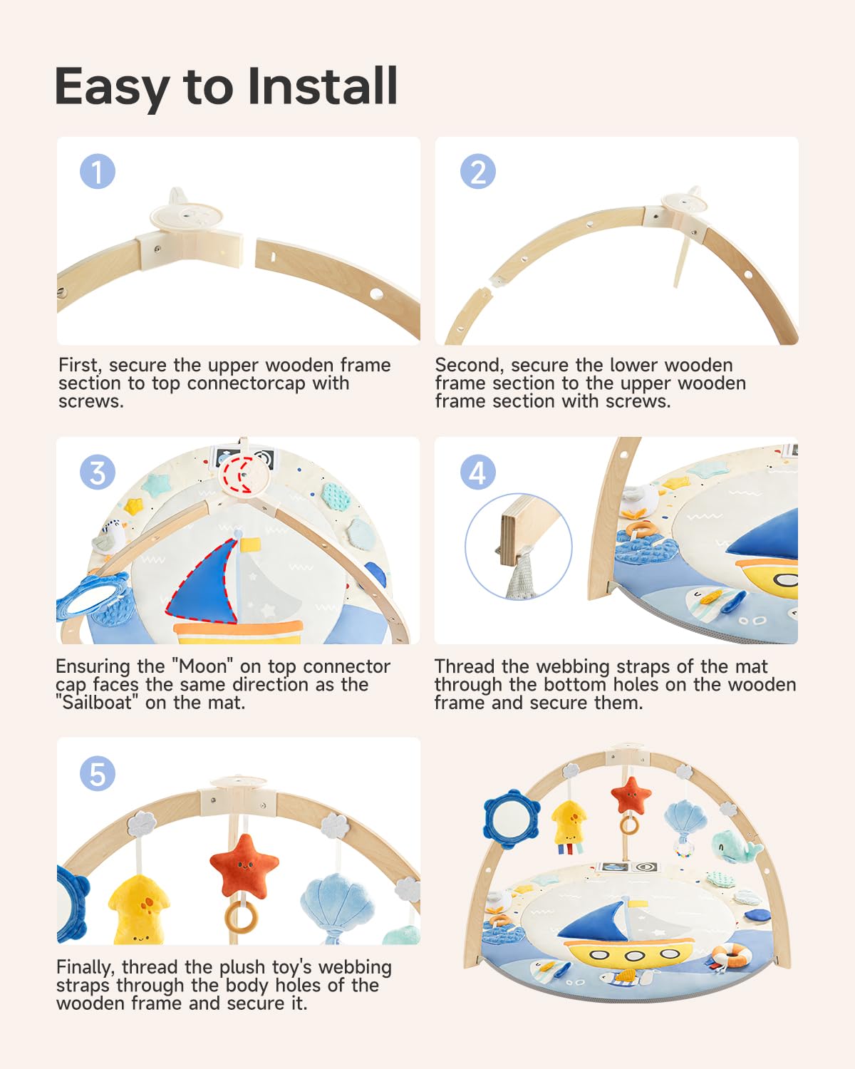 BG-BABYGO Baby Play Gym Activity Mat, 5 Developmental Zones Wooden Tummy Time Mat with 7 Detachable Sensory Toys for Motor Skills & Sensory Development, Baby Essentials Shower Gift, Easy to Install