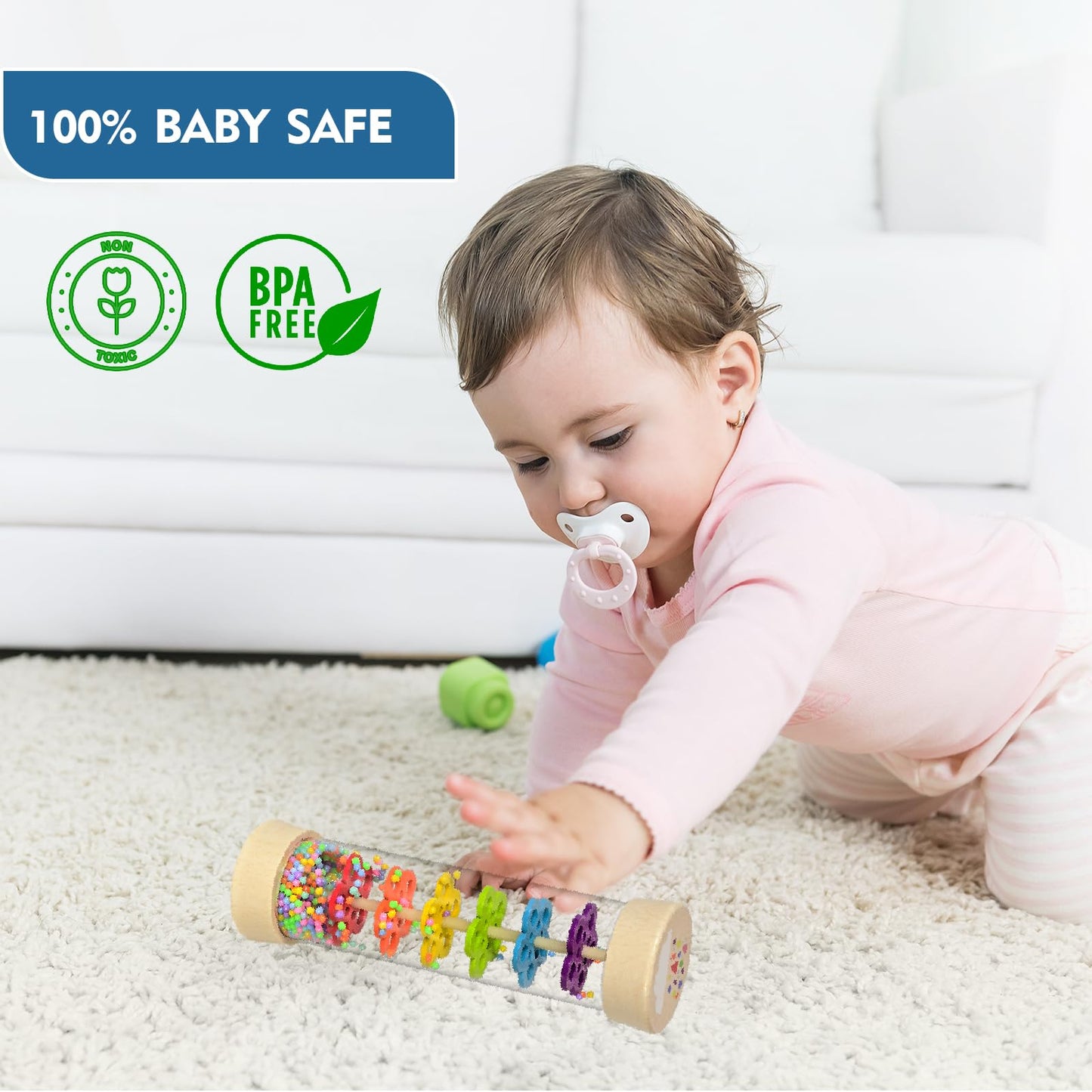 Rain Stick, Montessori Baby Toys for 6-12 Months 1 Year Old, Baby Rattle Wooden Sensory Toys, 7.7” Rainmaker Infant Musical Toy - Gifts for 6 7 8 9 12 Month Old Newborn Boys Girls Toddlers
