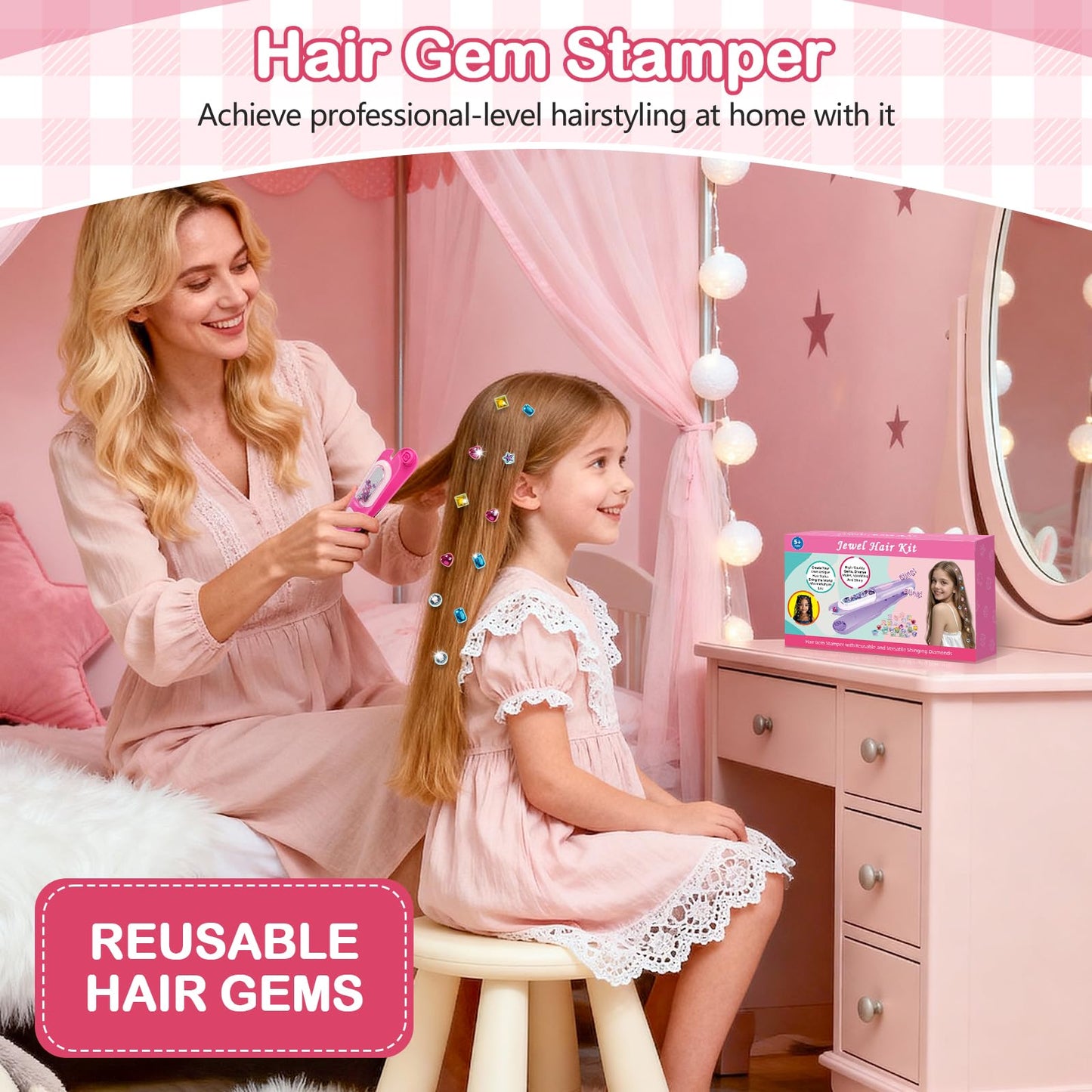 ADXVR Hair Gem Stamper Kit - Bling Hair Jewels for Girls Toys - Hair Accessories with Reusable Shining Diamonds, Birthday for Girls 3 4 5 6 8-12