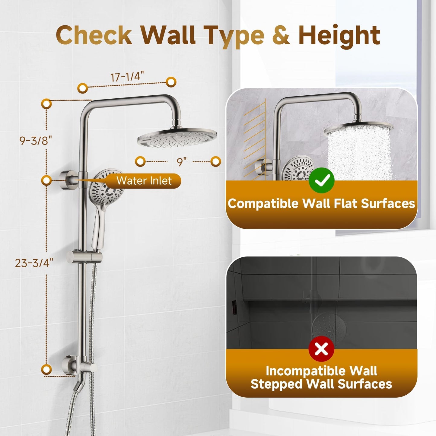 BRIGHT SHOWERS Rain Shower Heads System - 9 Inch Rainfall Shower Head and Handheld Shower Head with Height Adjustable Holder, Solid Brass Rail and 60" Long Stainless Steel Shower Hose, Brushed Nickel