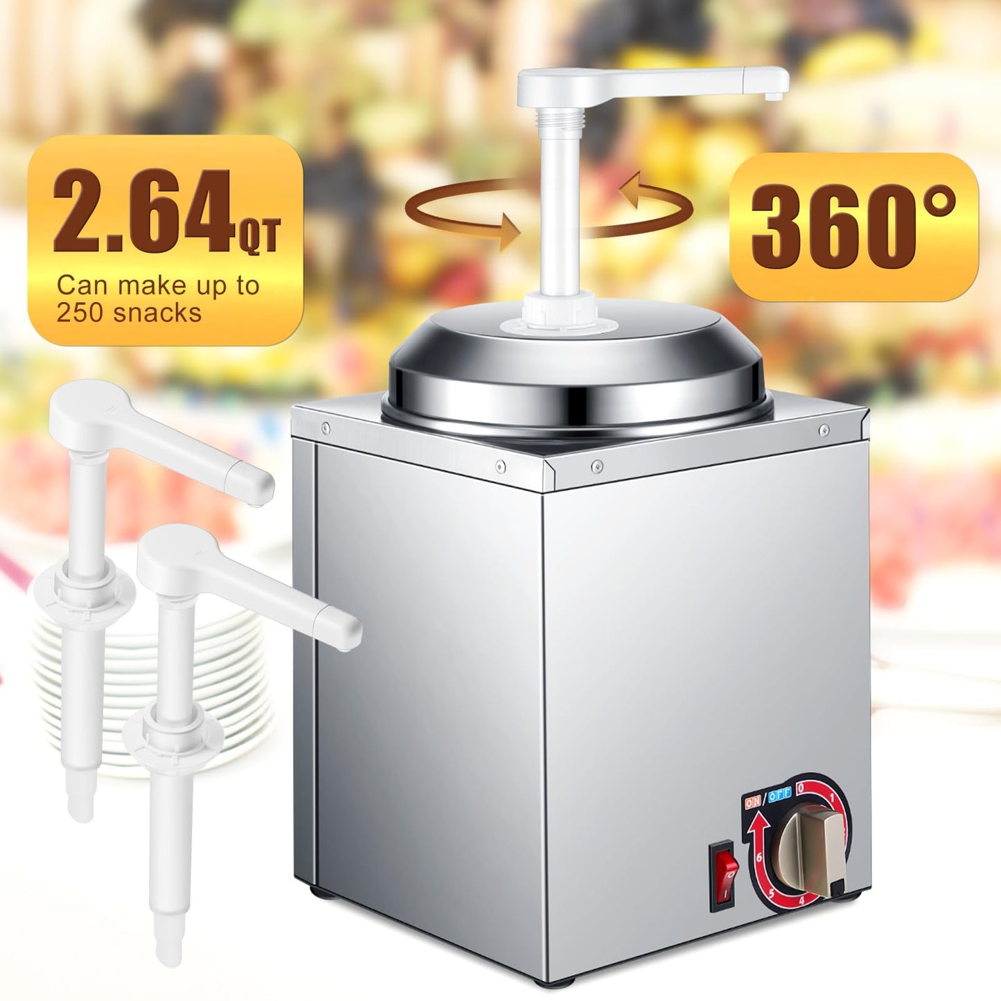 Nacho Cheese Dispenser with 2 Pcs Pump, 2.64 Qt Stainless Steel Hot Fudge Sauce Warmer with 6-Level Temperature Control, Nacho Cheese Machine for Chocolate, Caramel, Back to School Party Supply