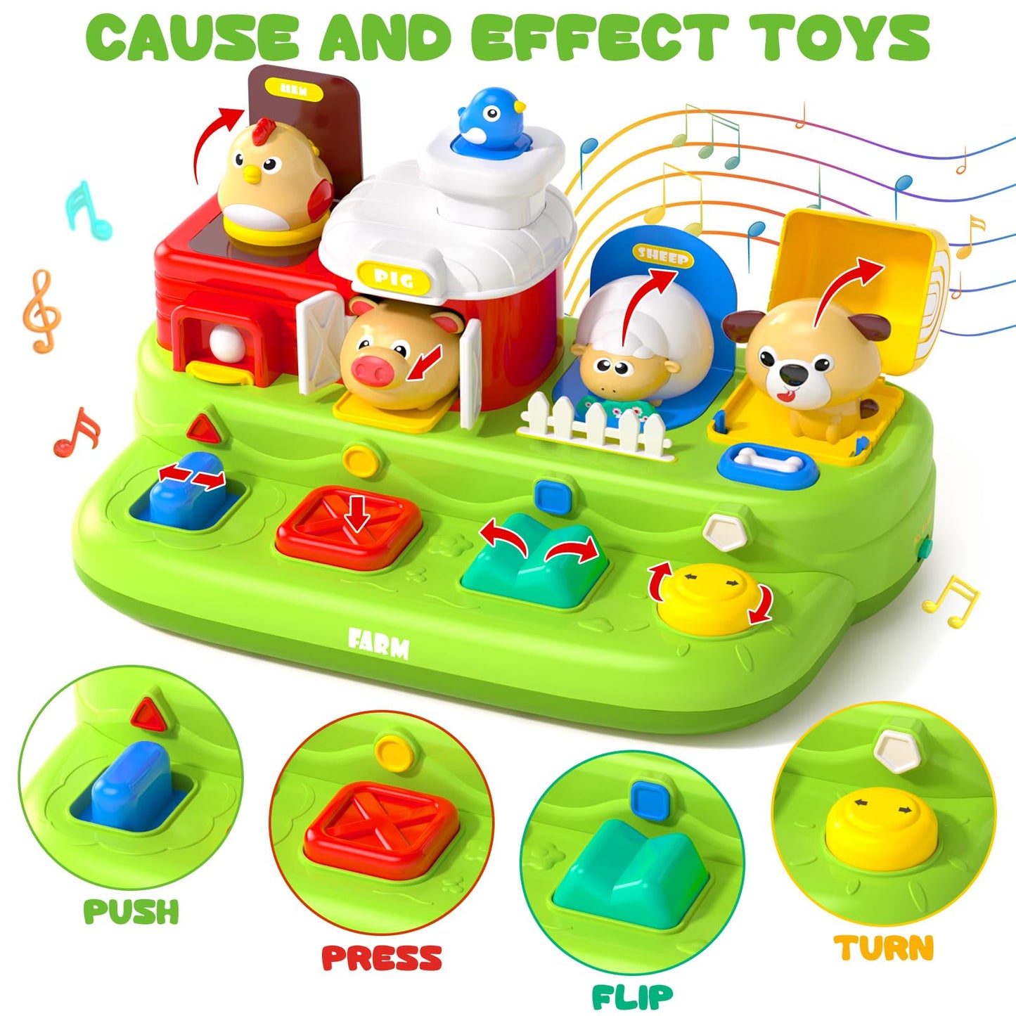 Vunrahsg Interactive Pop Farm Animal Up Toys with Music Sounds Montessori Cause and Effect for 1-3 Baby Boy Girl Early Educational Musical Baby Infant STEM Gift 12-18 Months Babies Birthday